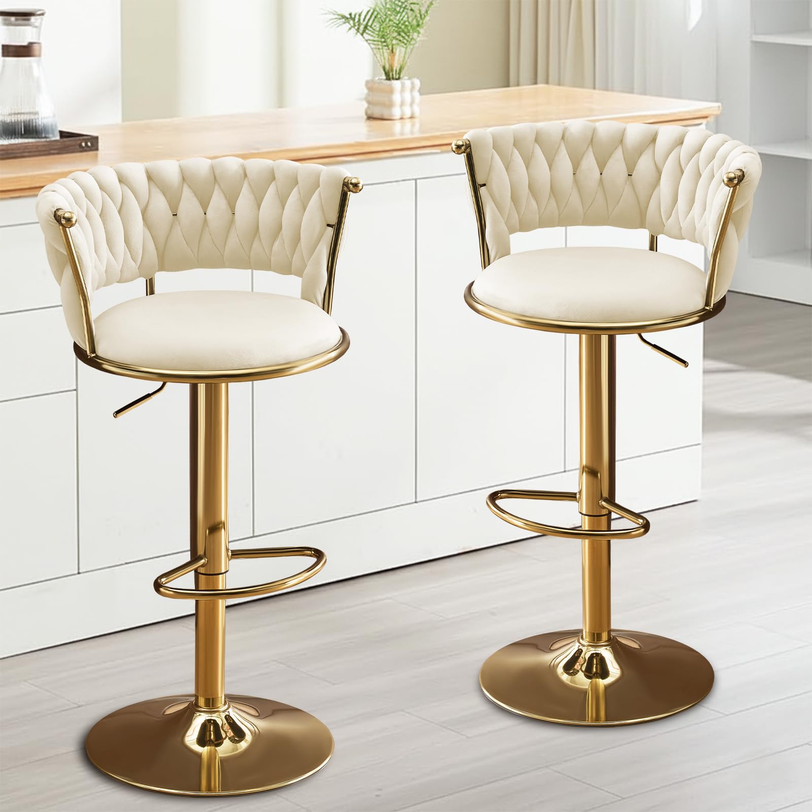 Velvet Bar Stools, 360 Swivel Barstools with Adjustable Height, Modern Upholstered Counter Height Stools with Woven Backrest for Kitchen Island,Dining Room,Cafe,Pub,Gold Accent Frame (Beige, Set o 2)