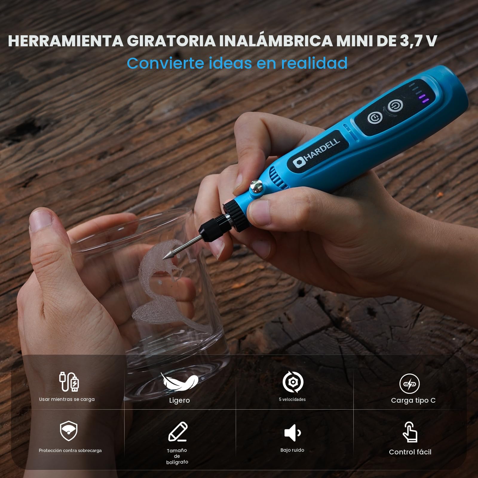 HARDELL Mini Amoladora Eléctrica, 3.7V Herramienta Rotativa Inalambrica con 43 Accesorios, Usar Mientras Se Carga, 5 Velocidades Variables para Pulido, Grabar, Taladro, Lijado, Moler, Bricolaje