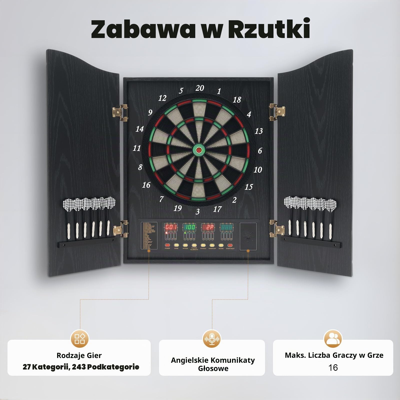 Szafa do darta do rzutek, zestaw dekoracyjnych szafek na darta, 12 elastycznych rzutek do darta i wyświetlacz LED do przyznawania punktów (czarna)