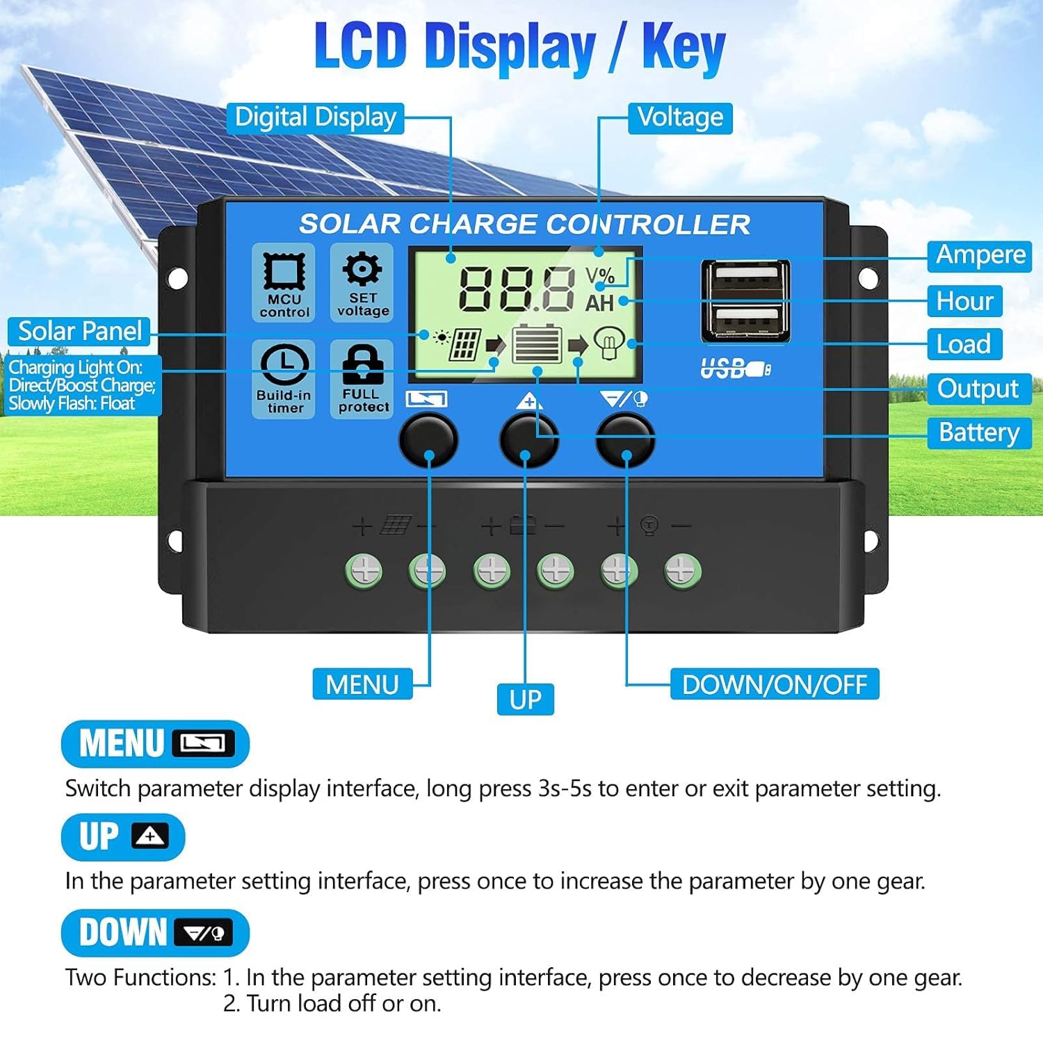 HASTHIP® 20A 12V to 24V Solar Charge & Panel Controller,Intelligent Regulator with Dual USB Port 5V Light Timer Control and LCD Display - Image 4 thumbnail