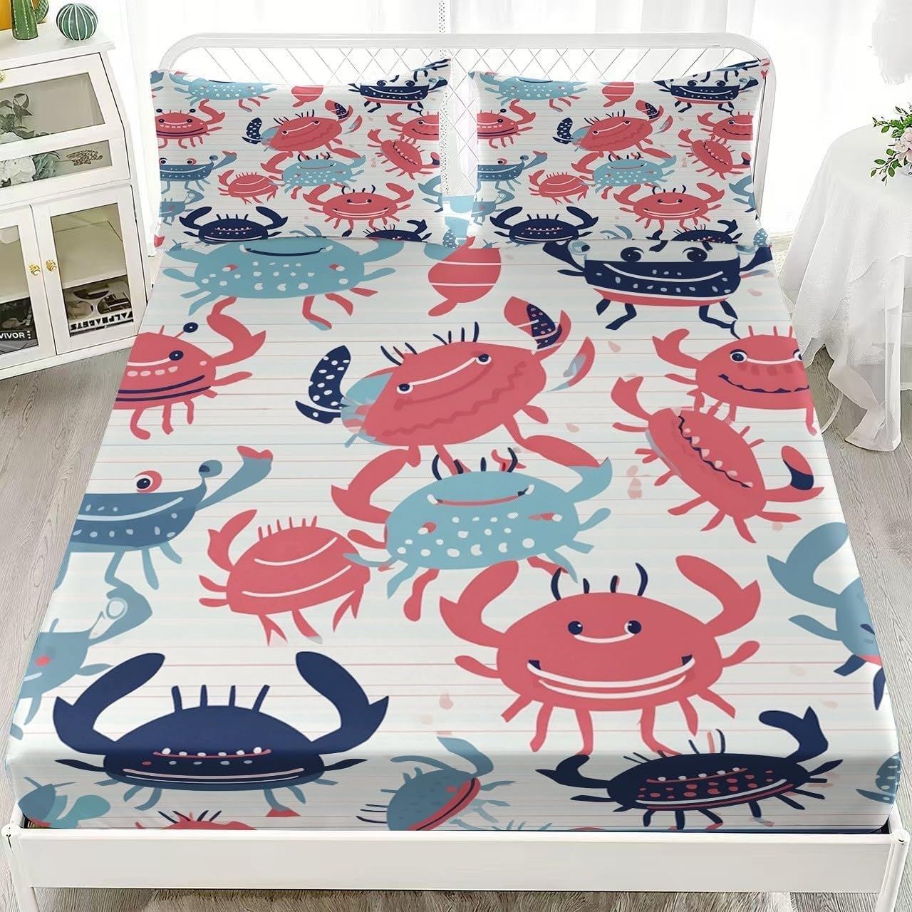 Bsyyzqc Boys Marine Life Fitted Sheet Crab Bed Sheets Deep Pocket 12 Inch (30 Cm) Soft Cozy 3 Piece Microfibre Bed Sheet 200X200 Cm With 2 Pillowcases 50X75 Cm