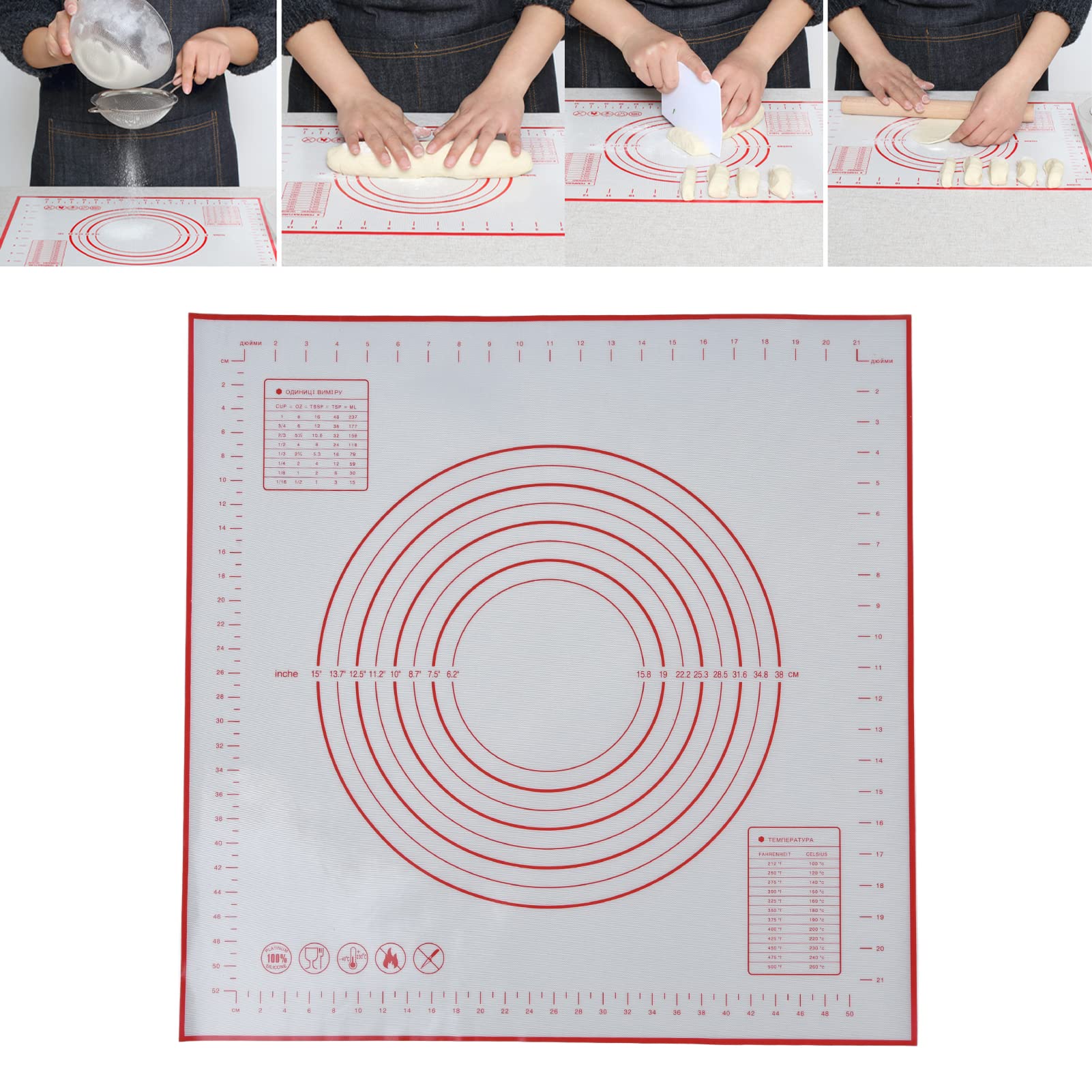 Tapis De Pâtisserie en Silicone Tapis De Fondant Antidérapant Tapis De Cuisson avec Tapis De Pâte De Mesure pour la Cuisson de la Pâte à Rouler 60 X 60 Cm/23,6 X 23,6 Pouces(Rouge)