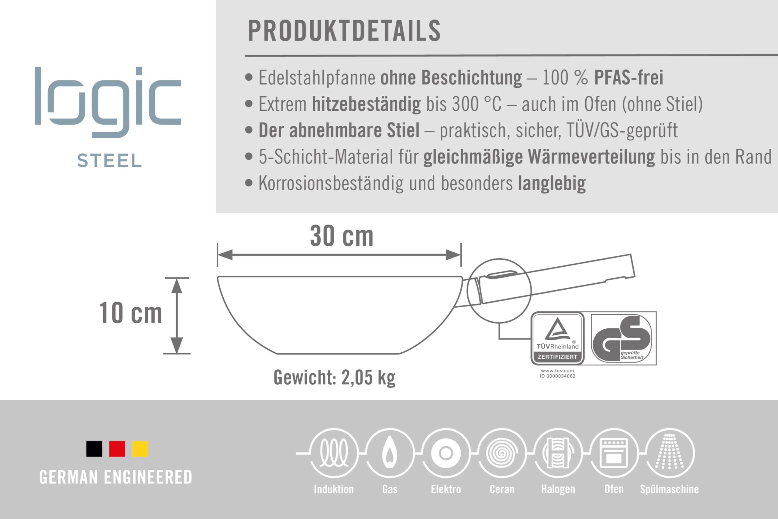 Woll – Logic Steel Wok- und Rührpfanne Ø 30 cm Edelstahl, 10 cm hoch – Induktion – PFAS-freier Antihaft Wok mit abnehmbarem Stiel – für alle Herdarten – robust & backofenfest