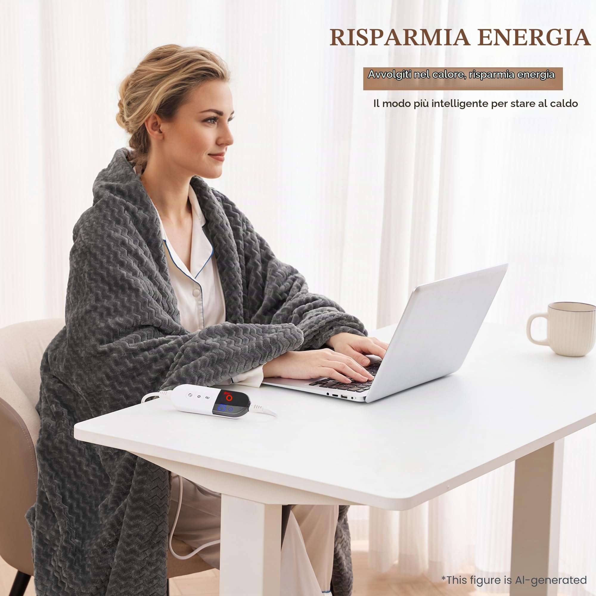 Coperta Elettrica 130x180cm, Grande Coperta Riscaldante con Motivo Onde e 6 Livelli di Calore, Spegnimento Automatico 1-10H, Lavabile in Lavatrice per Divano Letto e Ufficio (Grigio)