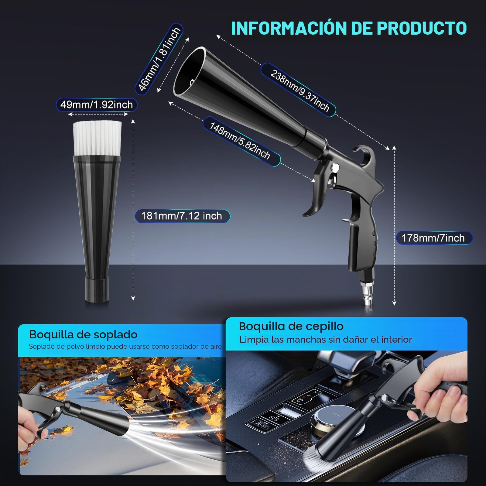 Pistola de limpieza en seco, pistola de limpieza interior de coche de alta presión, herramienta de limpieza de coche con 2 boquillas para soplar rápidamente la suciedad y el polvo