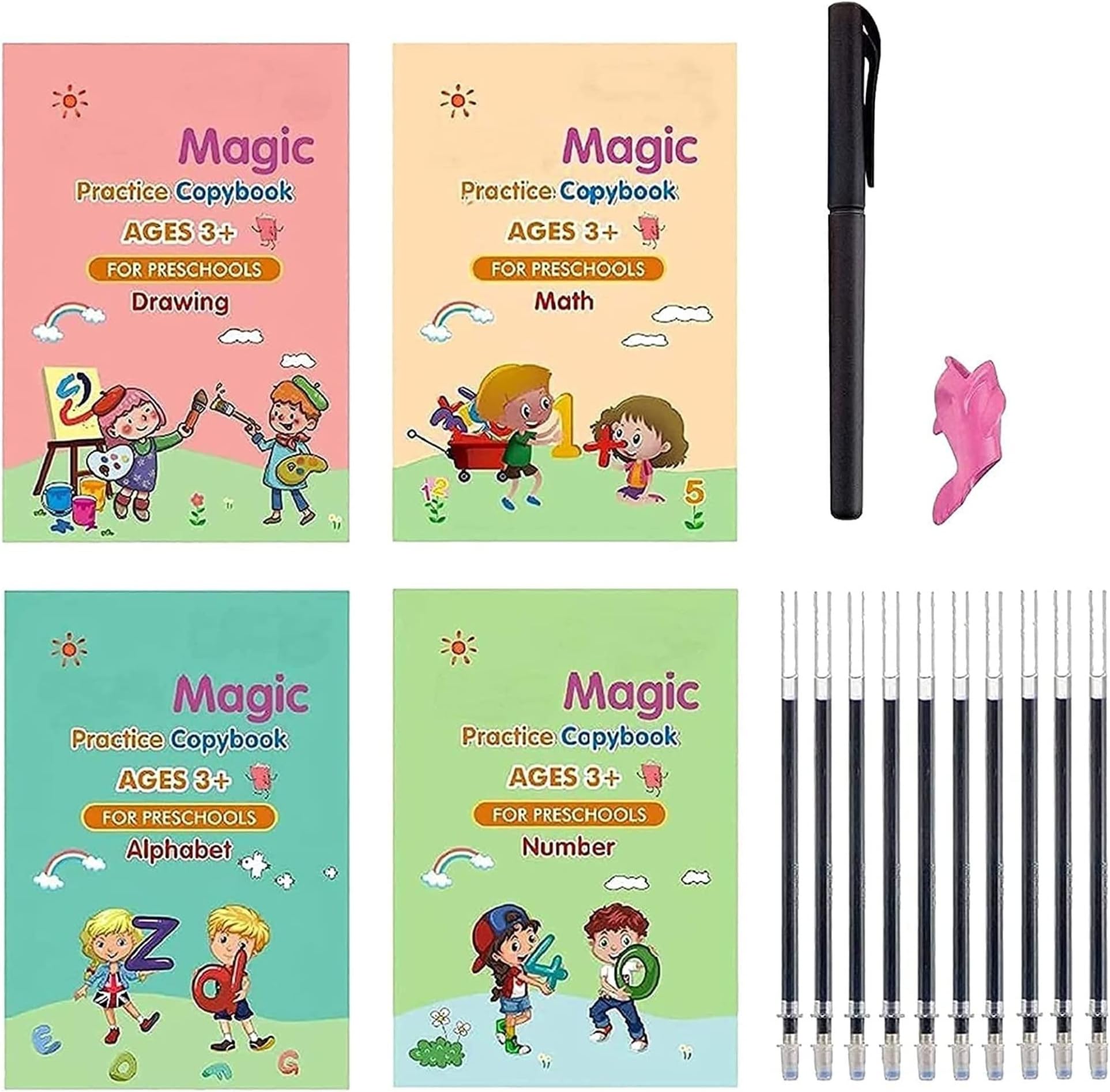 MorningVale Magic Practice Copybook for Kids, Magic Pens for Kids Book Set, 4 Pcs Reusable Handwriting Practice Book for Kids, Include Math, Number, Alphabet, Drawing, Deep Groove Design(Samll)