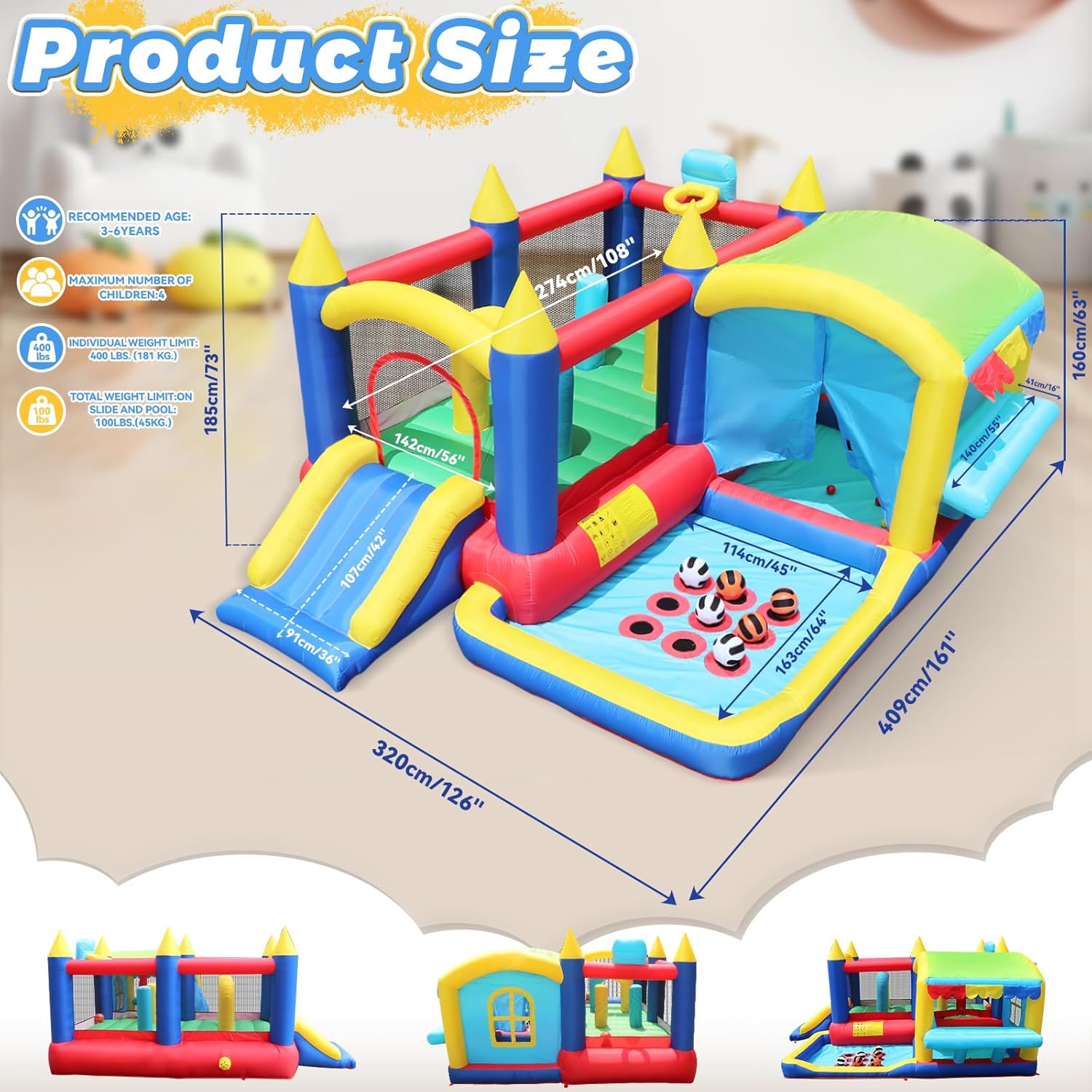 Inflatable Bounce House with Ball Pit, 7-in-1 Jump House with Blower, Shop, Backetball, Boxing, Tic-Tac-Toe, 13.4x10.5x6.1FT Bouncy Castle with Slide for Kids 3-10, Bouncer for Backyard Home Party
