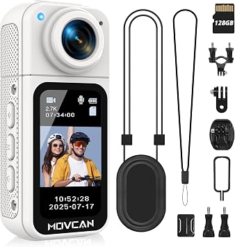 Movcan S70 Body Camera with Audio and Video Recording, HD 1520P Body Cam with 180 Rotating Lens, Thumb Size Hands Free Recording Body Worn Camera, Portable Camcorder for Work 128GB, White