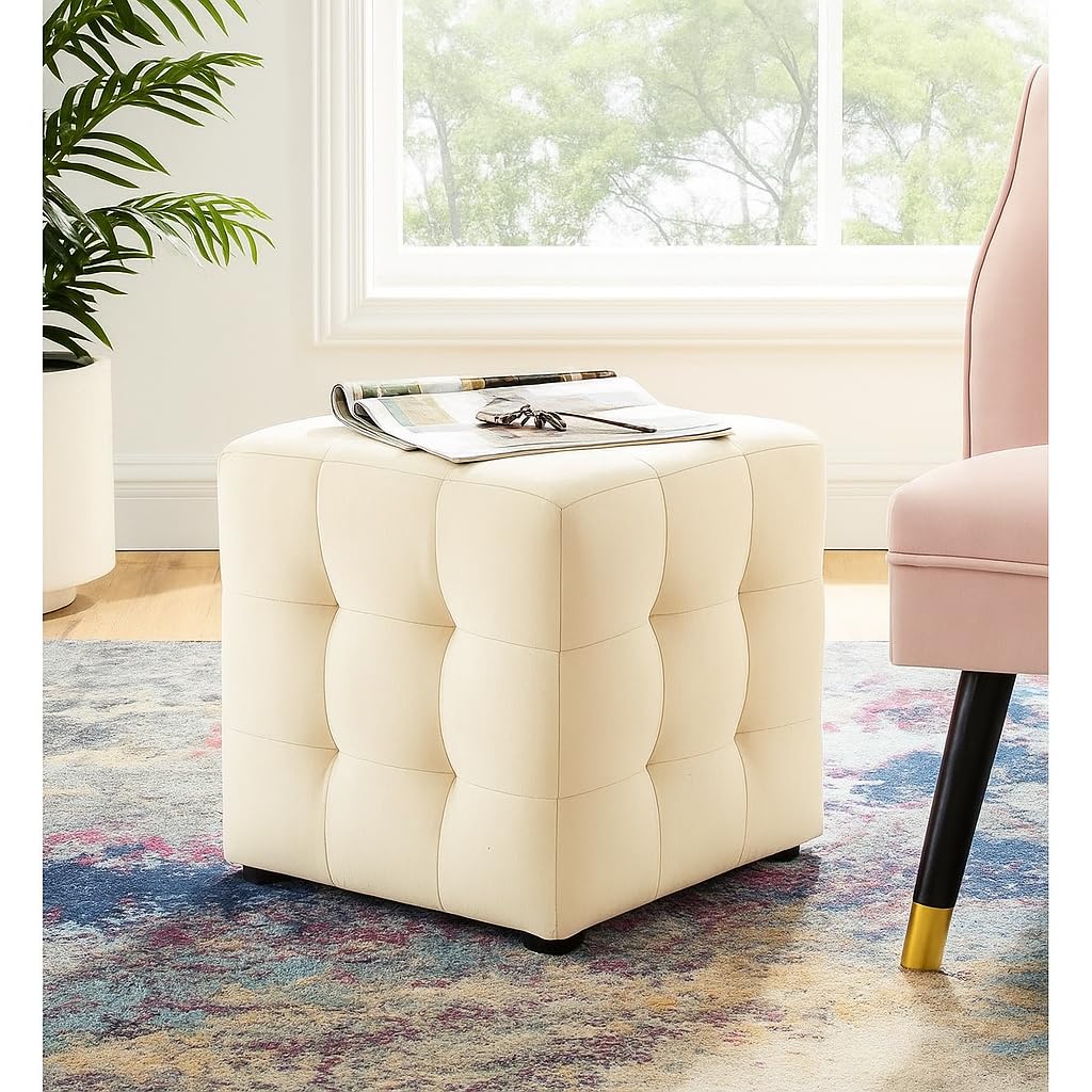 Woodilla Luxery Ryan Velvet Square Tufted Ottoman with Hidden Storage, Square Stools for Sitting,Suitable for Bedroom,Living Room,Button Tufted Velvet Square Storage Ottomans (Cream)