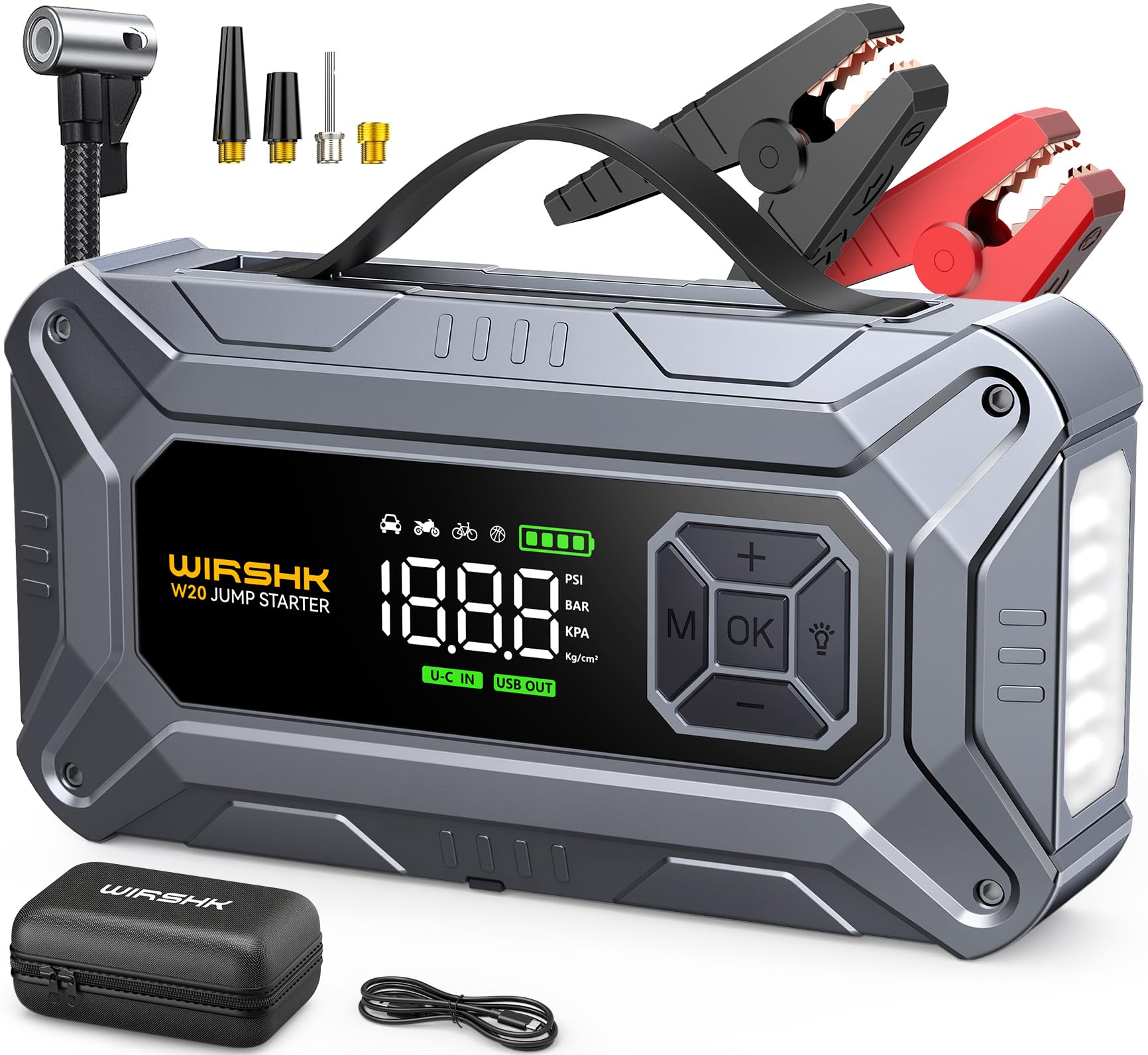 WIRSHK Batterie Booster 8000A, Auto Starthilfe mit 160PSI Luftpumpe für alle Benzinmotoren & bis zu 10L Diesel, mit Display und Notleuchte