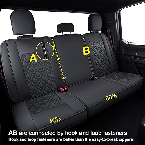 Vista 15 de LUCKYMAN CLUB Juego completo de fundas de asiento F150 J03-Q3 con piel sintética impermeable, para Ford F150 2015-2025 y F250 F350 F450 2017-2025
