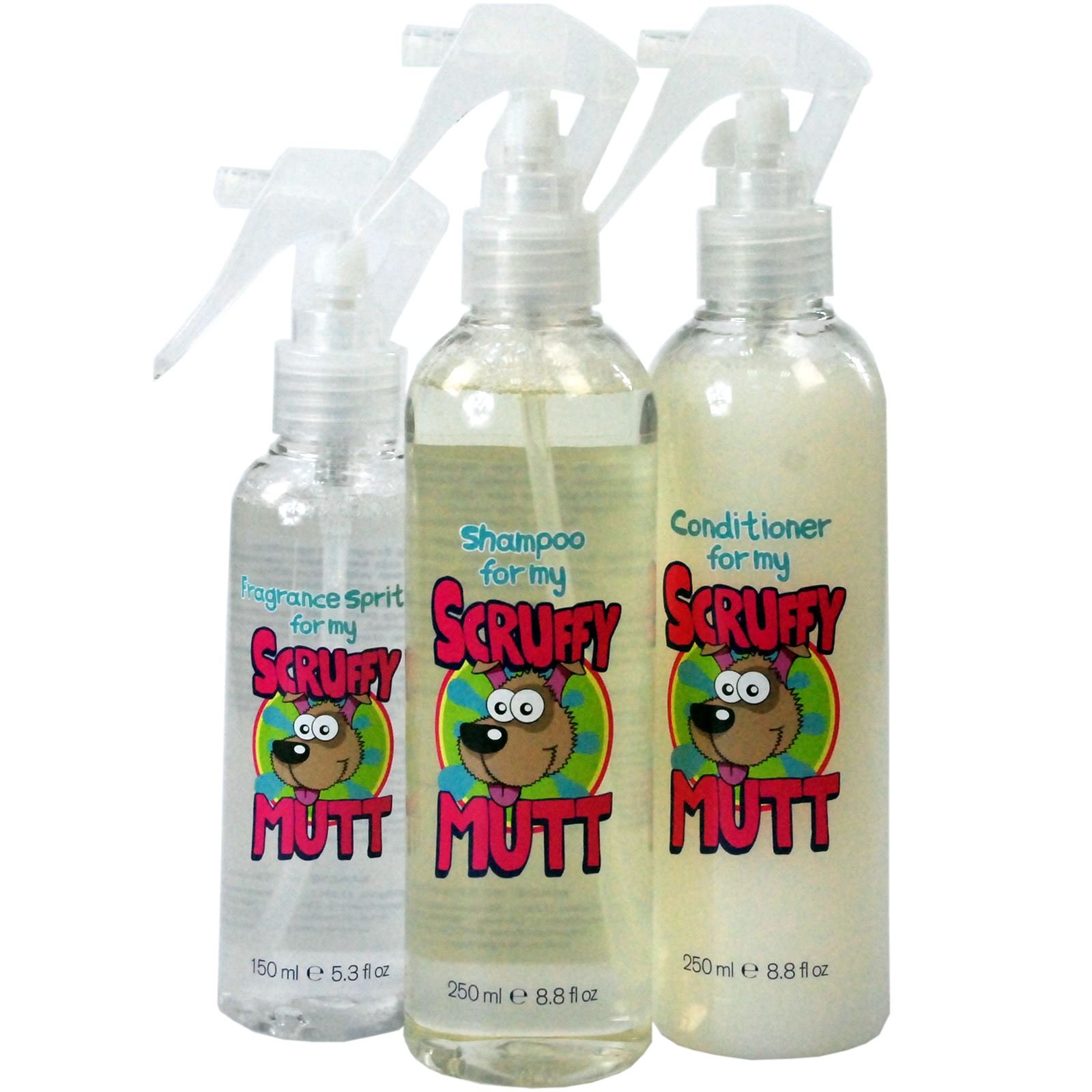 CrazyGadgetScruffy Mutt Dog Shampoo 250ml Conditioner 250ml Spritz 150ml Dog Care Grooming (Pack of 3)