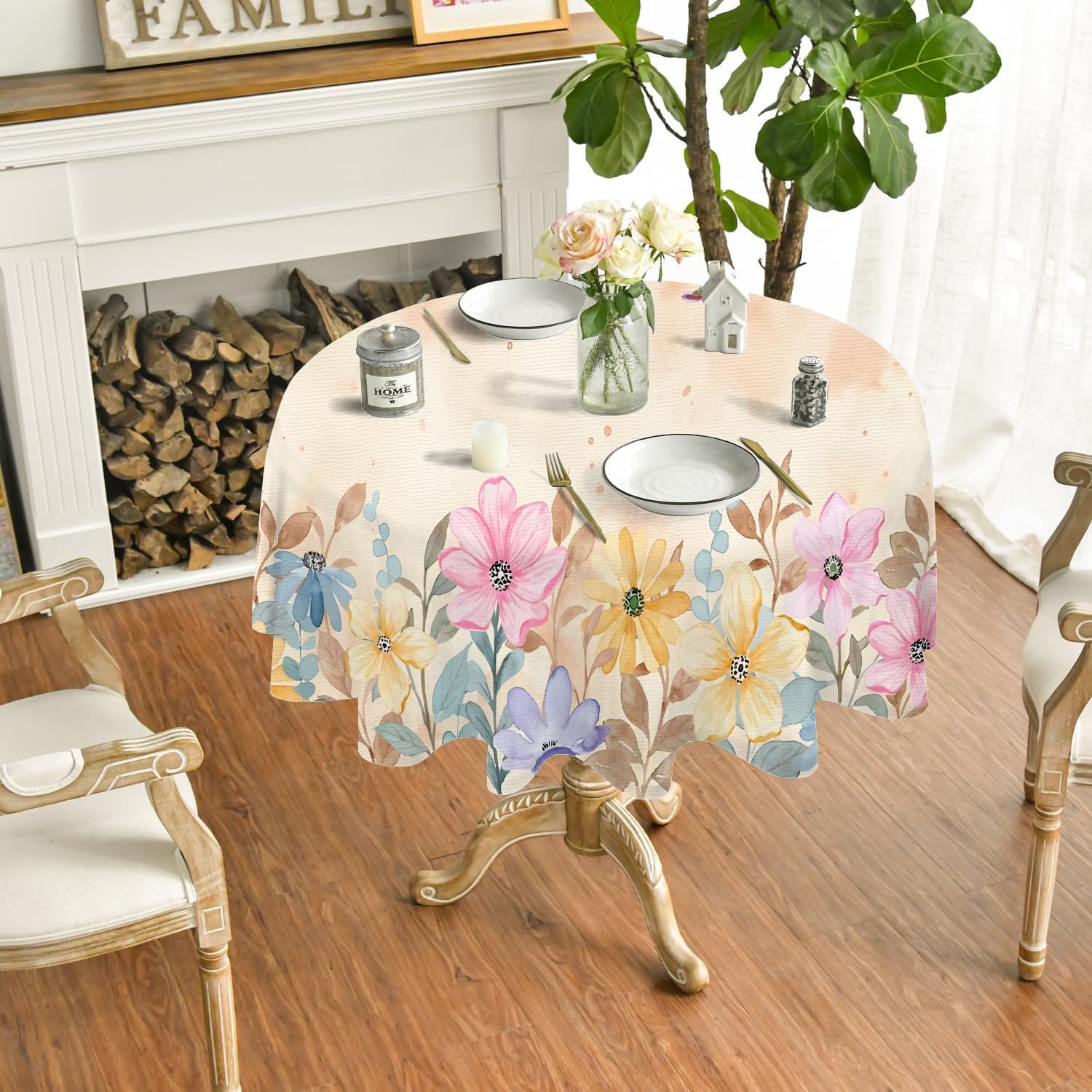 Wildblume Abwaschbar Tischdecke Rund 160, Boho Botanisch Tischtuch aus Polyester Wasserabweisend mit Lotuseffekt, Frühlingsblumen Tischdecken für Esszimmer, Party, Balkon, Garten, G-271