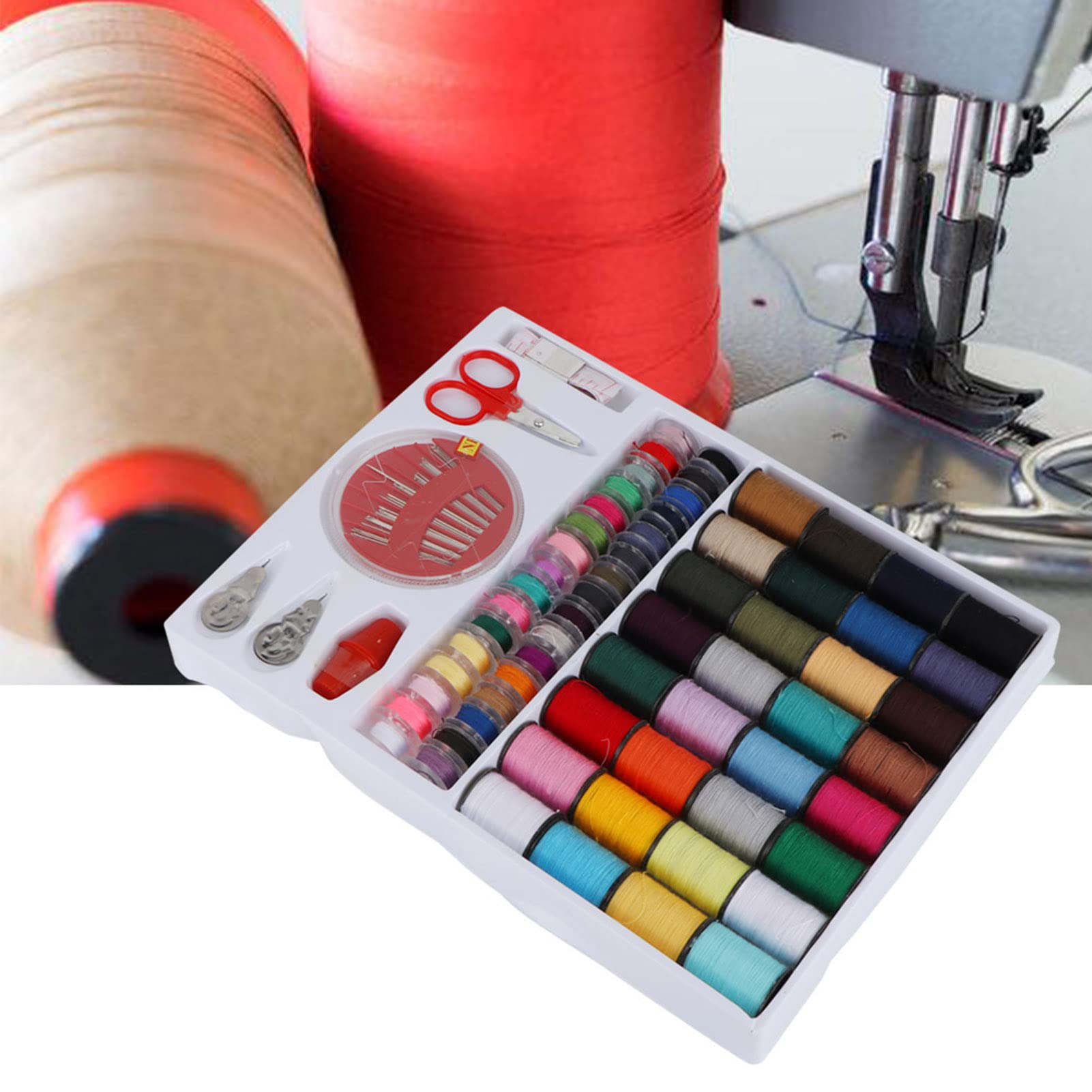 Scatola di Filo da Cucito colorato da 64 Pezzi, Set di rocchetti, Include Forbici, Aghi e ditale, Kit Completo per Uso Manuale e Macchina da Cucire