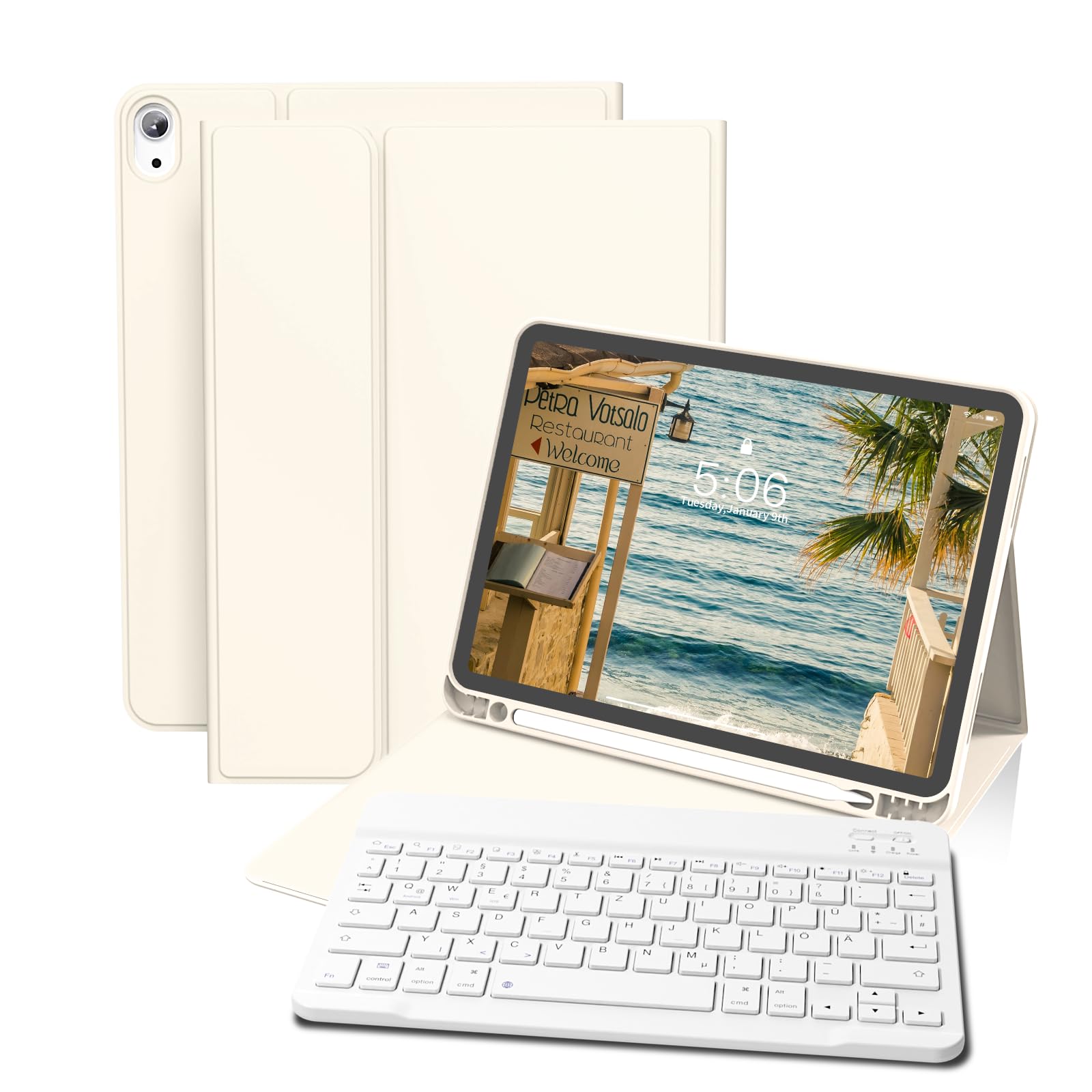 GKABXY Hülle mit Tastatur für iPad (A16) 10/11 Generation, 10.9/11 Zoll, (2022/2025), Soft TPU Rückseite Gehäuse mit Stifthalter, Magnetische Abnehmbar Bluetooth Tastatur, QWERTZ-Layout, Cremeweiß