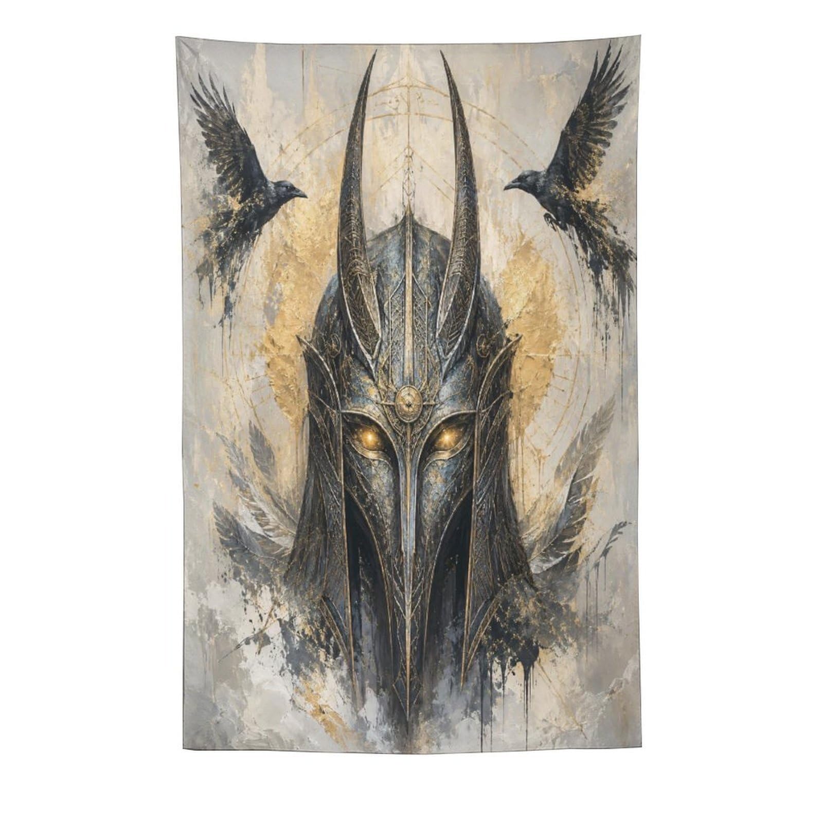 W7C8U2X3 Viking Helmet Twin Ravens Wall Tapestry, Nordic Warrior Symbol