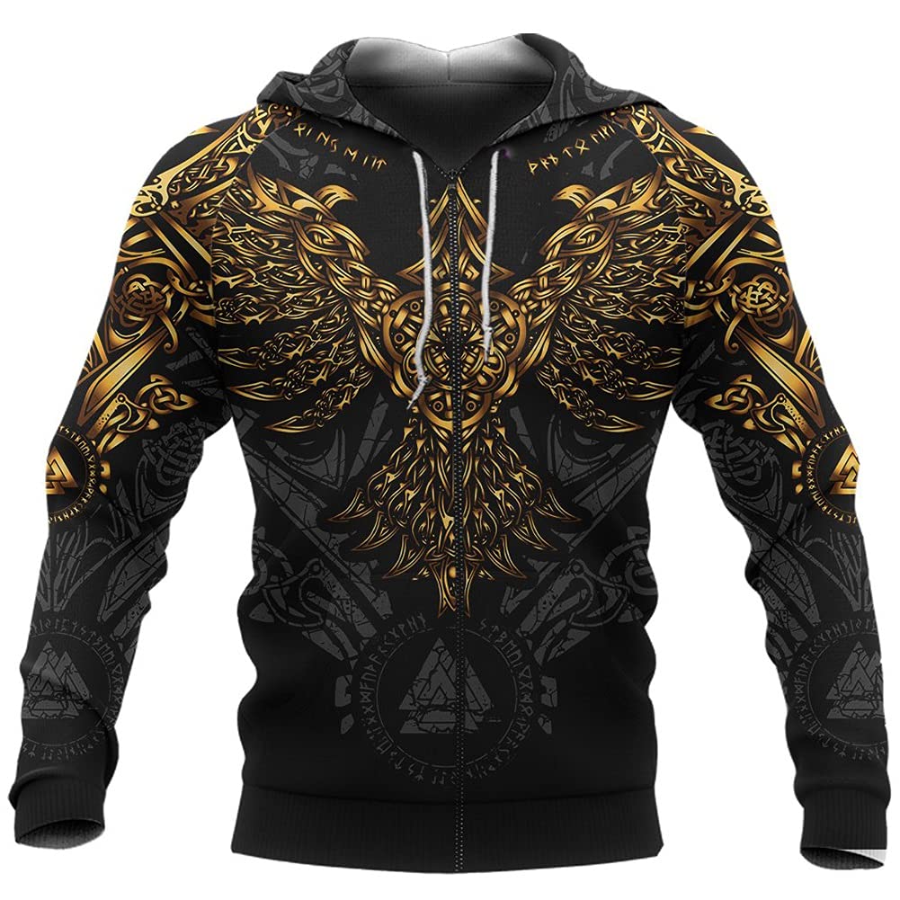 Dfwy Men's Zip Viking Celtic Knot Crow Tattoos Full- Hooded Sweatshirt Pullover Hoodie (Color : Size : L)
