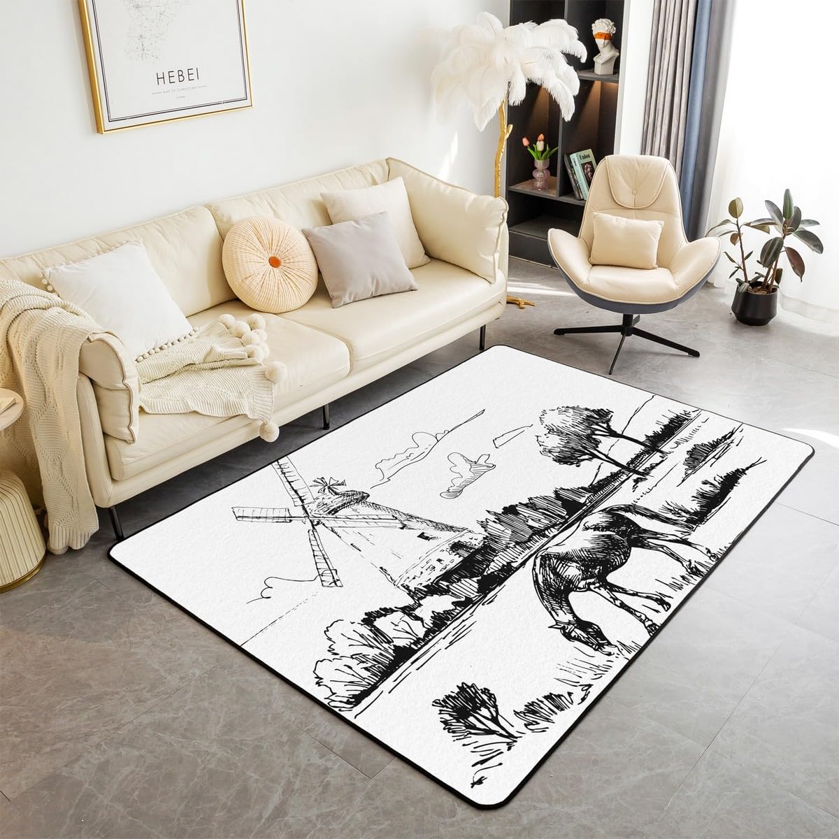 Horse Area Rug 5x7 for Living Room Bedside,Western Cowboy Rug for Kids Boys Girls Teens,Windwill Carpet Non Slip,Hand Drawn Illustration Style Farmhouse Horse Decorative Accent Rug,Non Shedding