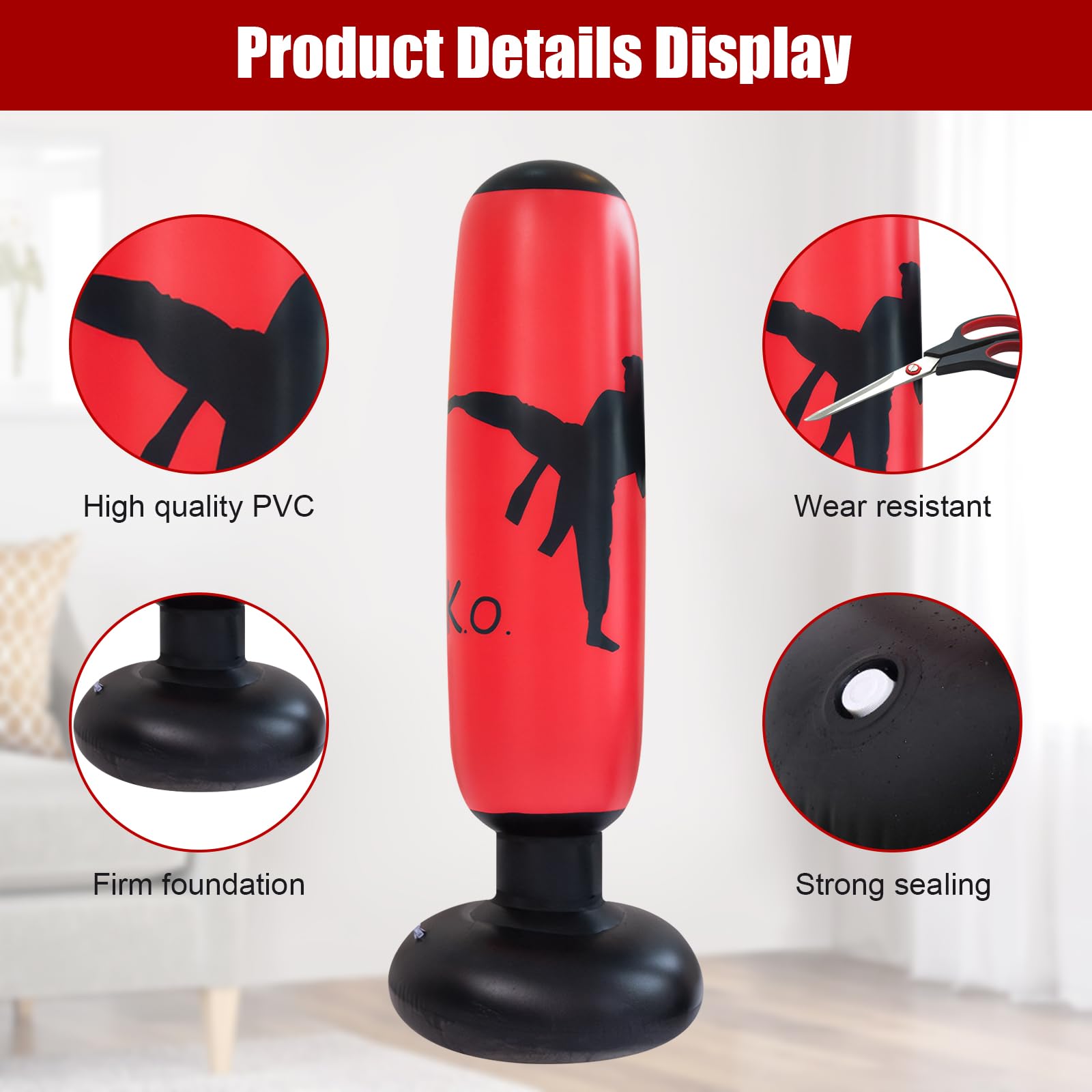 Saco de Boxeo Hinchable de 160 cm, Punchball Inflable con Guantes de Boxeo, Niños de Bolsa de Boxeo Inflable Suavidad y Comodidad, Bolsa de Standbox Inflable, Saco de Boxeo de Pie para Practicar