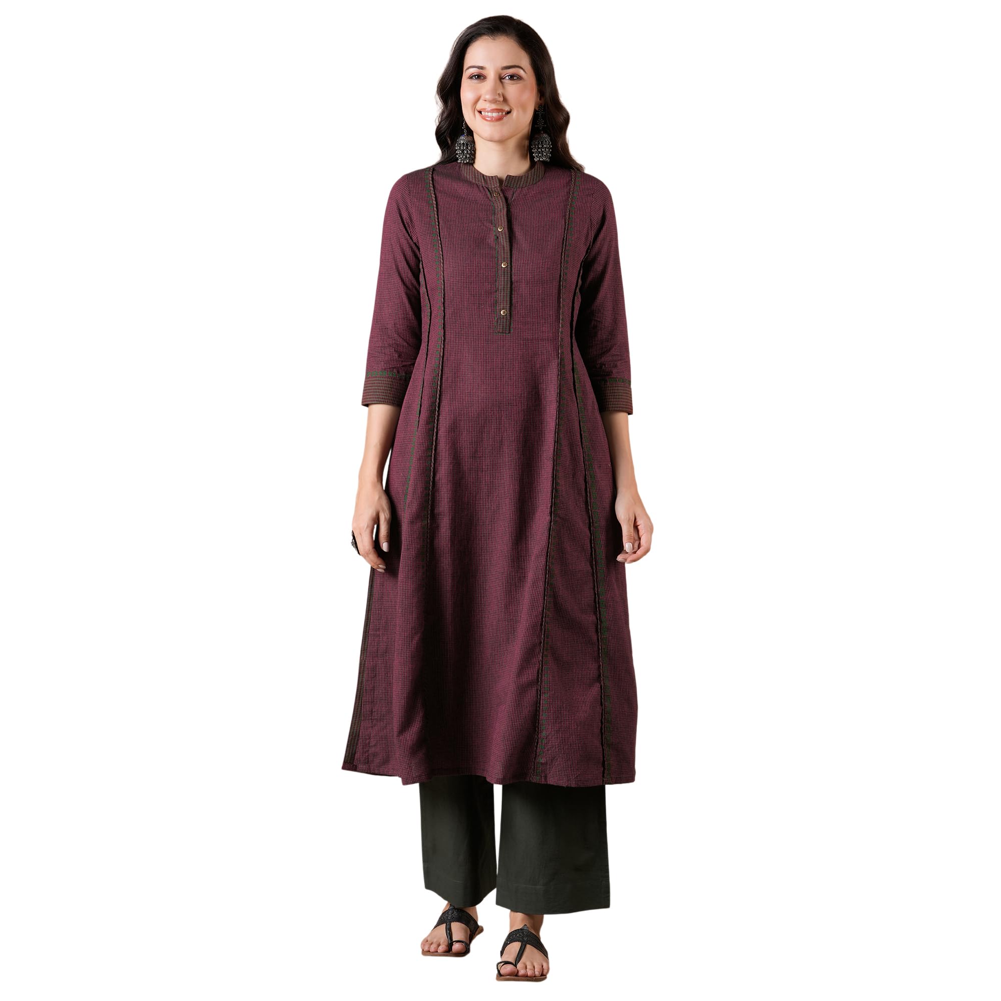 kami kubi Pocketed A-Line Cotton Checks Kurta with Hand Block Print & Trim Detail.-picture-10