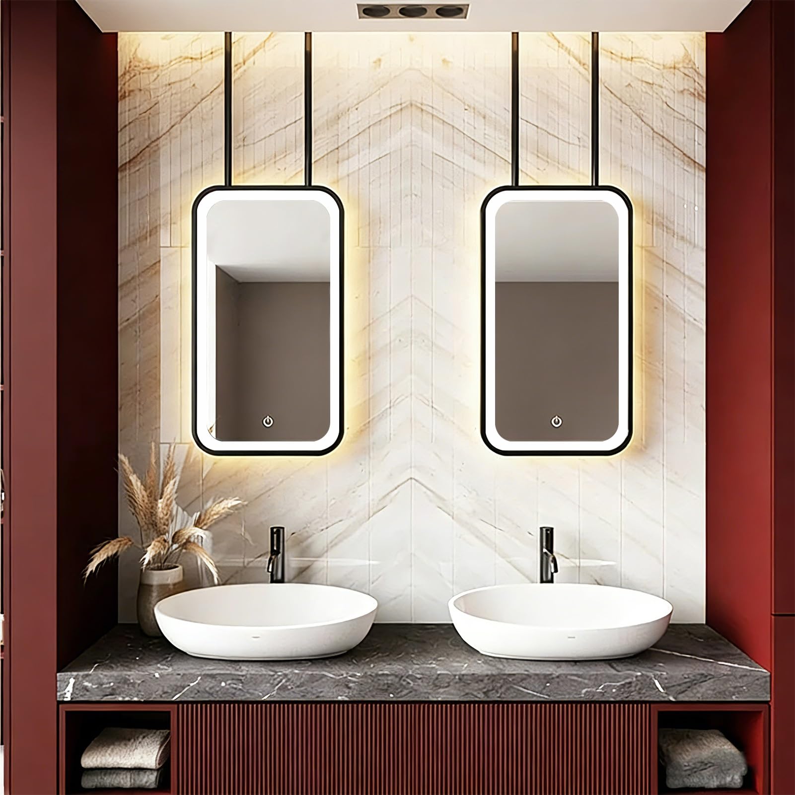FGXHHS Rectangle Ceiling Mounted Mirror｜Suspended Decorative Floating Mirror Hanging s with LED Lights｜Black Vanity for Living Room Hotel Entrance(40cmx60cm)