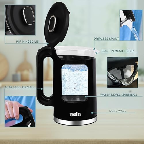 Miniatura 5 de NELO Electric Kettle with Keep Warm Function, Sleek Glass Window Double Wall Design, LED Indicator Lights, Black Tea Kettle & Hot Water Boiler with