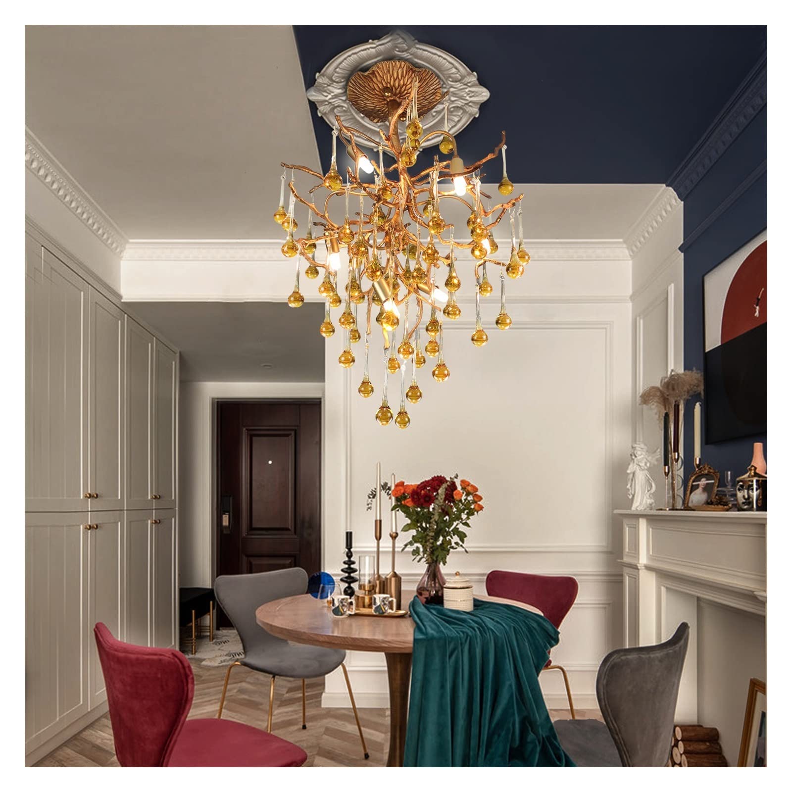Lampadario moderno in cristallo per ristorante e soggiorno, plafoniera retrò minimalista con design a ramo di rame, elegante illuminazione per camera da letto, arredamento di tendenza per la casa.