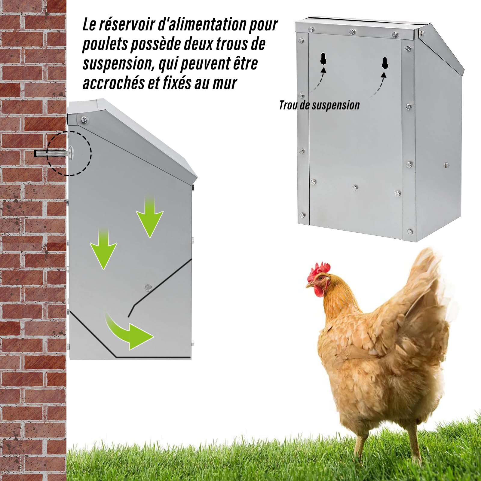 10L Mangeoires de Poulet en Acier Inoxydable sans Déchets Mangeoire Automatique à Volaille avec Couvercle Résistant Aux Intempéries Mangeoire à Volaille Murale Auge Poulailler