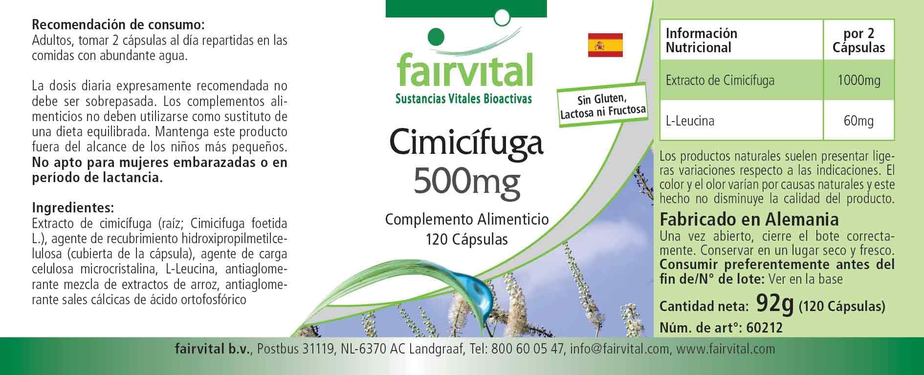 fairvital Capsule di cimicifuga 500mg, 120 capsule, 1000mg per dose giornaliera, Cimicifuga, qualità garantita e dosaggio elevato, 100% vegano, Prodotto in Germania