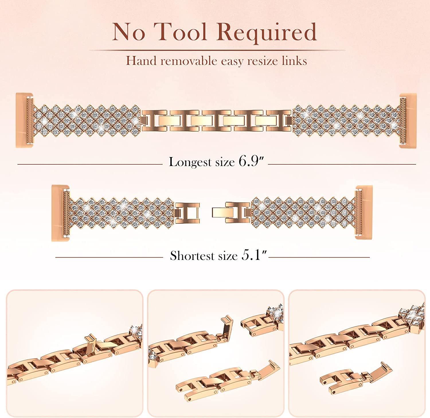 Bling Watch Band Compatible with Fitbit Versa 3/Sense for Women, Adjustable Crystal Alloy Strap Rhinestone Stainless Steel Metal Wristband Replacement (Rose Gold) - Image 3