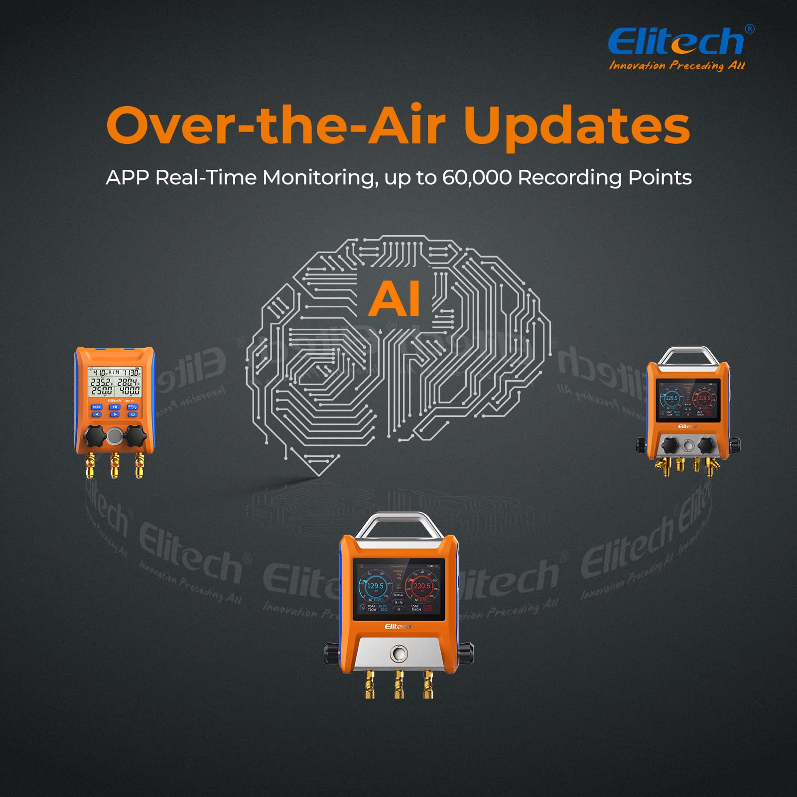 Elitech EMG-20V Manometro digitale HVAC intelligente a tre porte con sensore di vuoto Termometro morsetti tubi flessibili