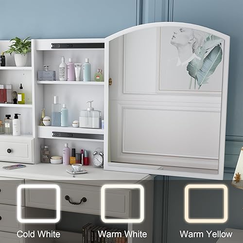 Miniatura 2 de HZANHY Escritorio de tocador con espejo y luces para maquillaje, moderno escritorio de tocador con espejo, juego de tocador con 6 cajones y banco,