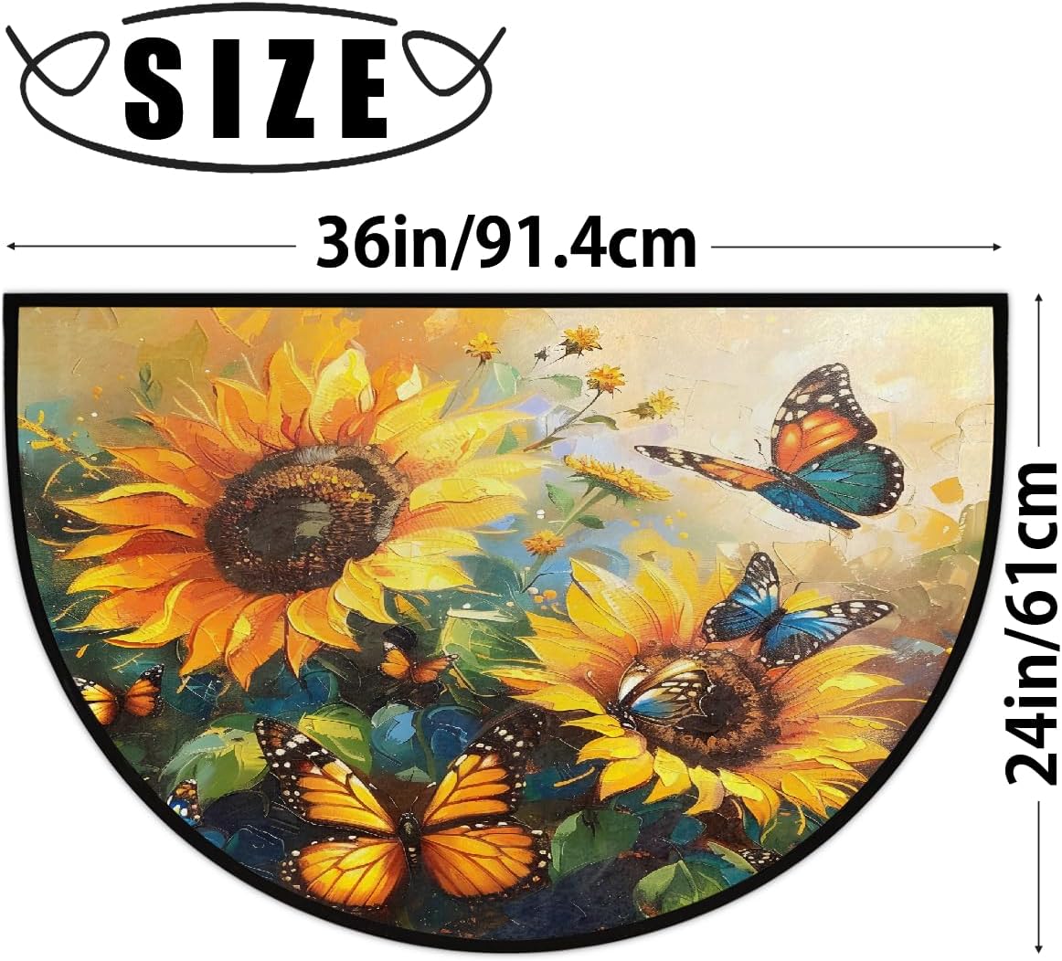 Flower Sunflowers Butterfly Half Round Door Mat Non Slip Washable Semi Circle Area Rug Absorbent Soft Half Moon Rug Floor Mat for Indoor Outdoor Kitchen Bathroom Patio Front Door Mat Decor