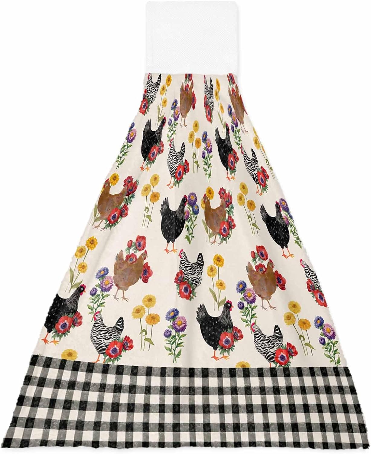 Farmhouse Rooster Kitchen Hand Towels with Hanging Loops Set of 2 Country Watercolor Flowers Black Plaid Soft Thick Oven Fingertip Dry Microfiber Tie Dish Towel Absorbent Cleaning Washcloth