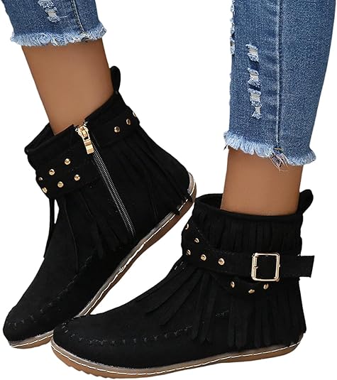 Générique Bottines Vintage à Frange Femme Santiags Bottes Indiennes Bout Pointu Bottes De Cowboy Cowgirl Western Glands Chic Ankle Boots Talon Bloc Bottes Courtes Cheville Dames Bottes Larges Mollets