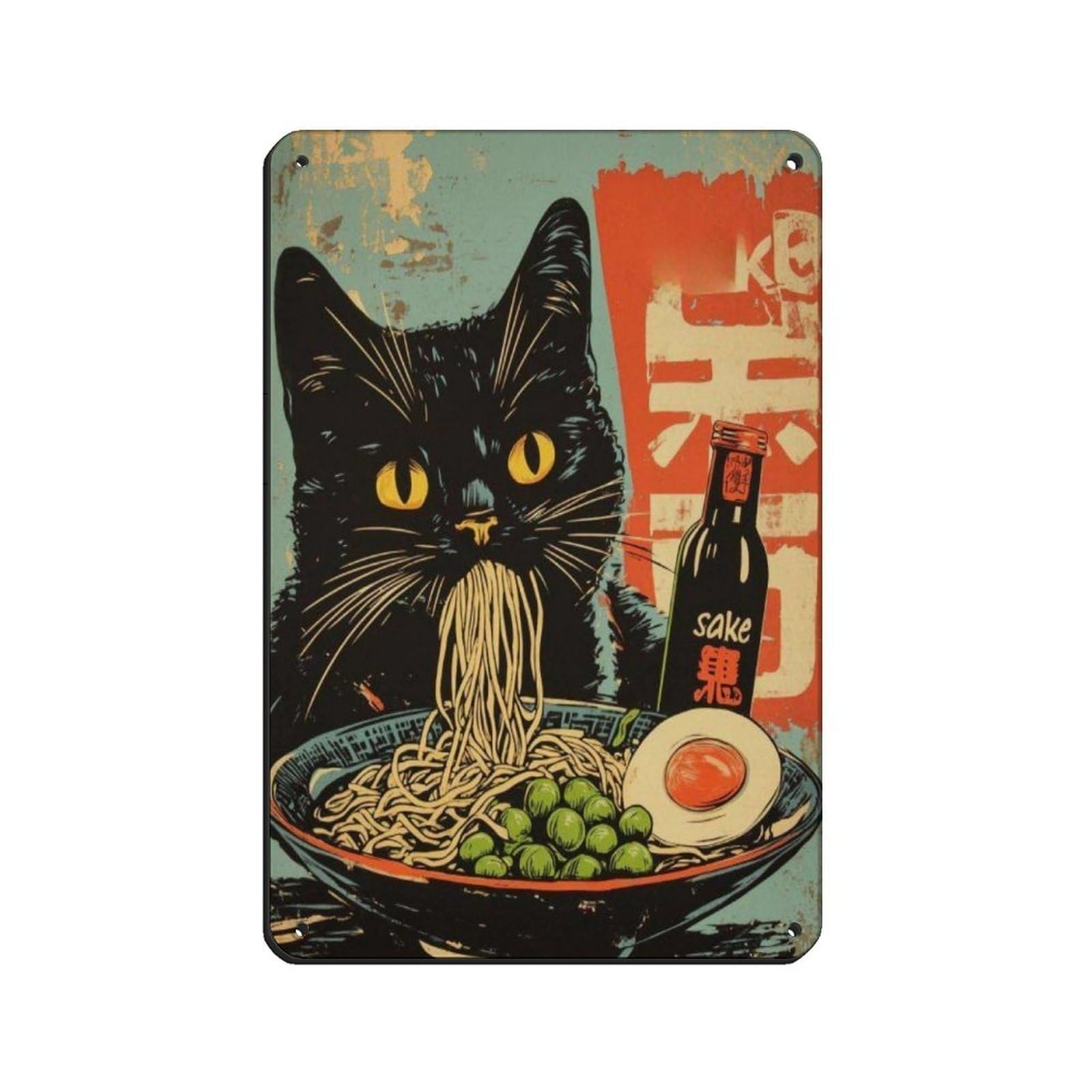 Vintage Black Cat Ramen Art Poster, Tin Sign Vintage Metal Pub Club Cafe Bar Home Wall Art Decoration Poster Retro 8x12inch(20x30cm)