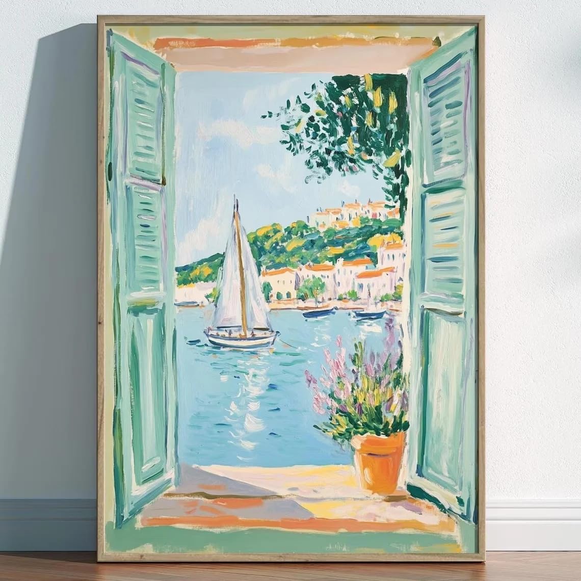 LTjiajuypd Coastal Window Wall Canvas Prints Decor Impressionist Painting Shuttered Overlooking Sunlit(40x55cm)