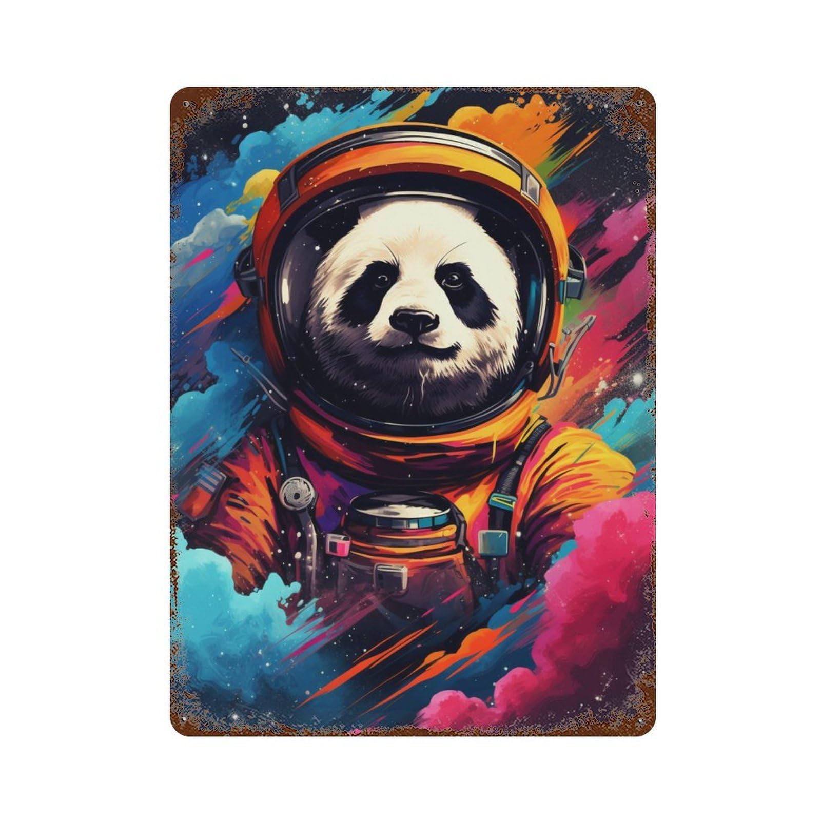 Panda Astronaut Space Art Print-2 Aged Metal Wall Plaque 15.7"x11.8", Industrial Home Decor for Garage, Pub Or Kitchen