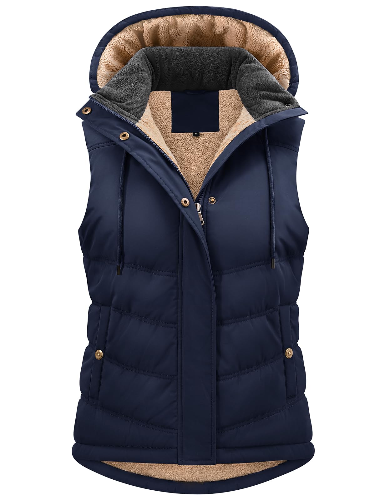 Tuopuda damesvest met afneembare capuchon, gewatteerd vest, fleece gevoerd, warme winterjas, mouwloos, jack, thermo, opstaande kraag, vest, capuchonvest, ritsen, herfst, winter, marineblauw, XXL