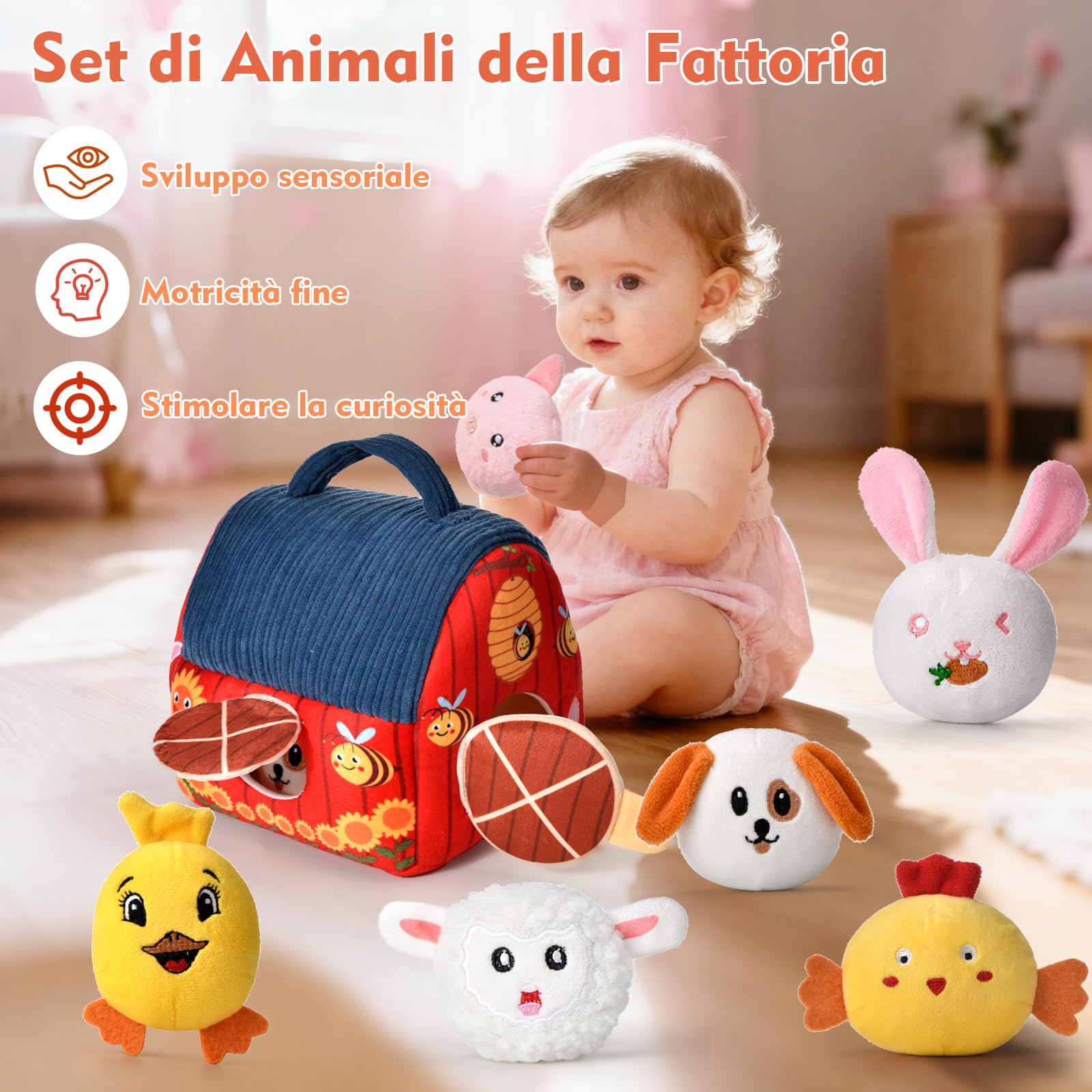 Loyzico Giochi Bambini 1 Anno 6 9 12 Mesi, Montessori Gioco Neonato Fattoria, Fienile e 6 Animali della Fattoria in Peluche, Sonaglio e Specchio-Regalo Bimbo Bimba 1 Anno Bambino