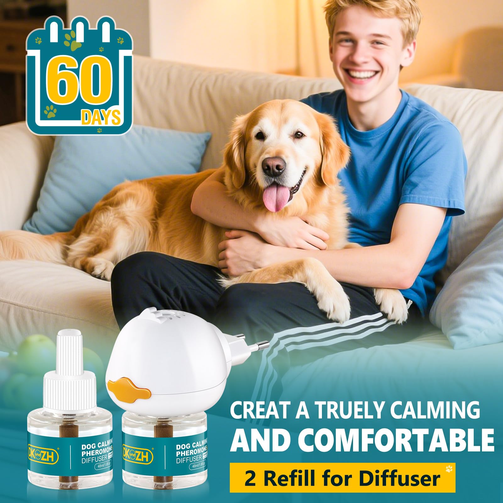 Diffuseur de Phéromones Calmant pour Chien, Calmant Apaisant Prise Phéromones pour Soulage L'anxiété de Séparation, le Stress, les Aboiements et les Mordillements (1 Diffuseur+2 Recharges 48 ML)