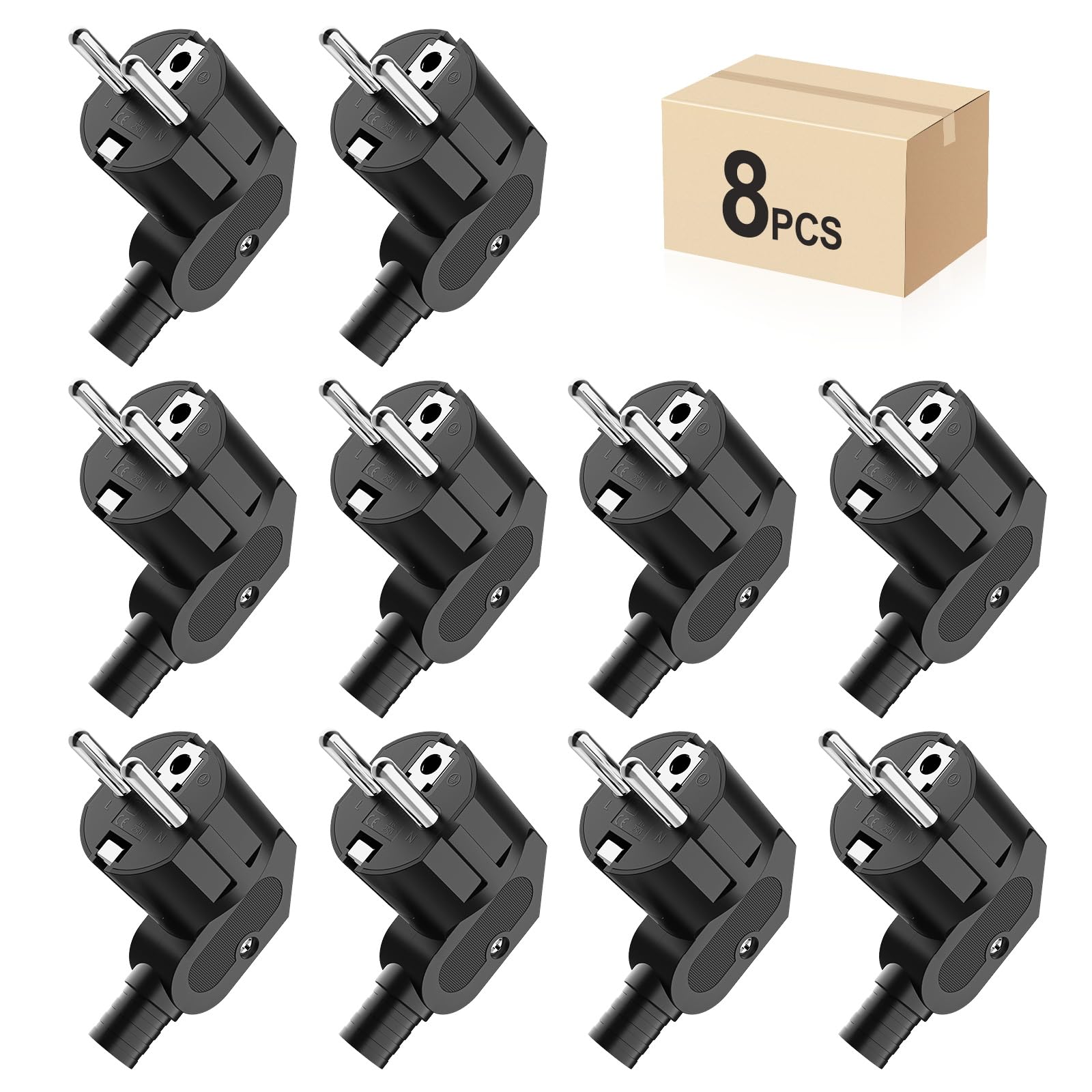 Schuko Stecker Winkelstecker 8 Stücke, Stromstecker Winkelstecker 230v flach, Schutzkontakt Stecker mit Knickschutztülle, Eurostecker für 8-10mm Kabel, IP20, Langlebig und Bruchfest, Schwarz