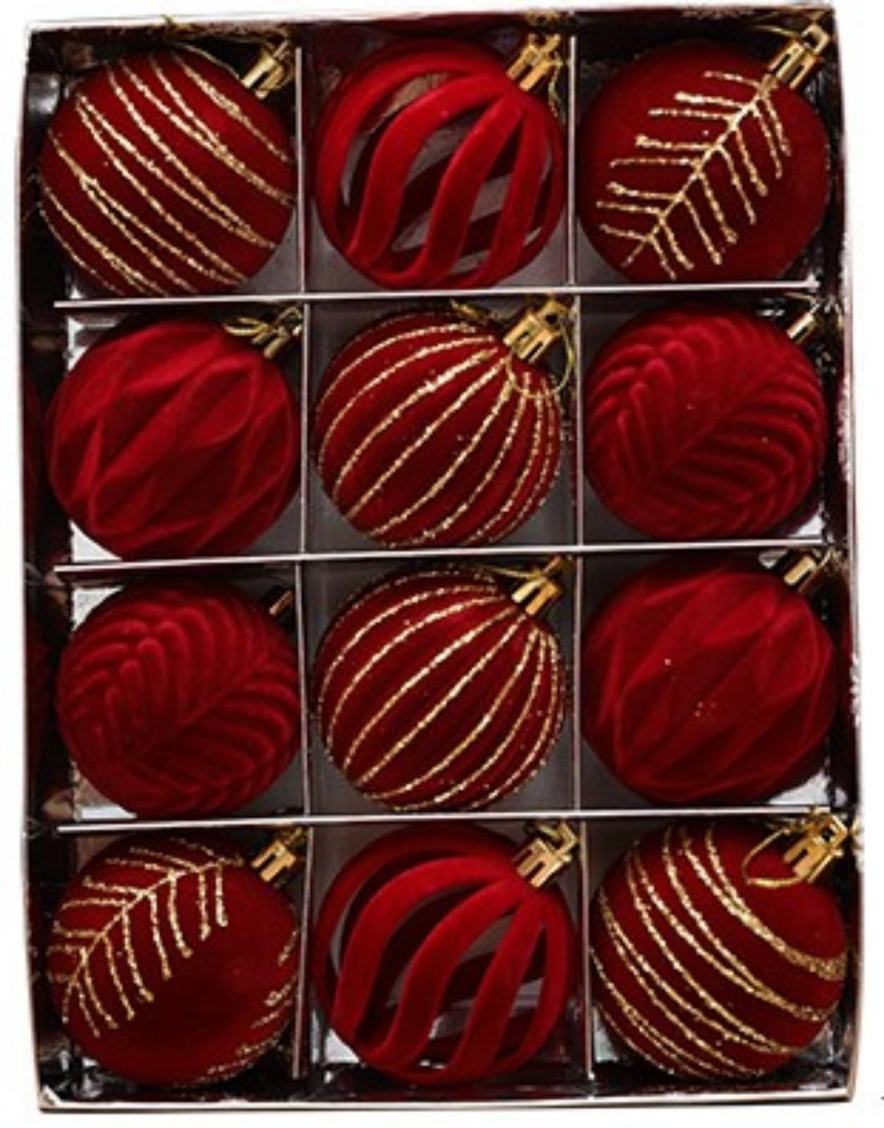 Set of 12 Flocked Baubles, Vintage Red and Gold Velvet Baubles, Burgundy Flocked Christmas Tree Decoration, Large Shatterproof Hanging Baubles for Christmas Wreaths