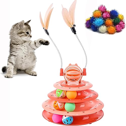 Vealind Rodillo de juguete para gatos, plato giratorio de 4 niveles, bolas de juguetes para gatos con bolas de pompones coloridos, diversión