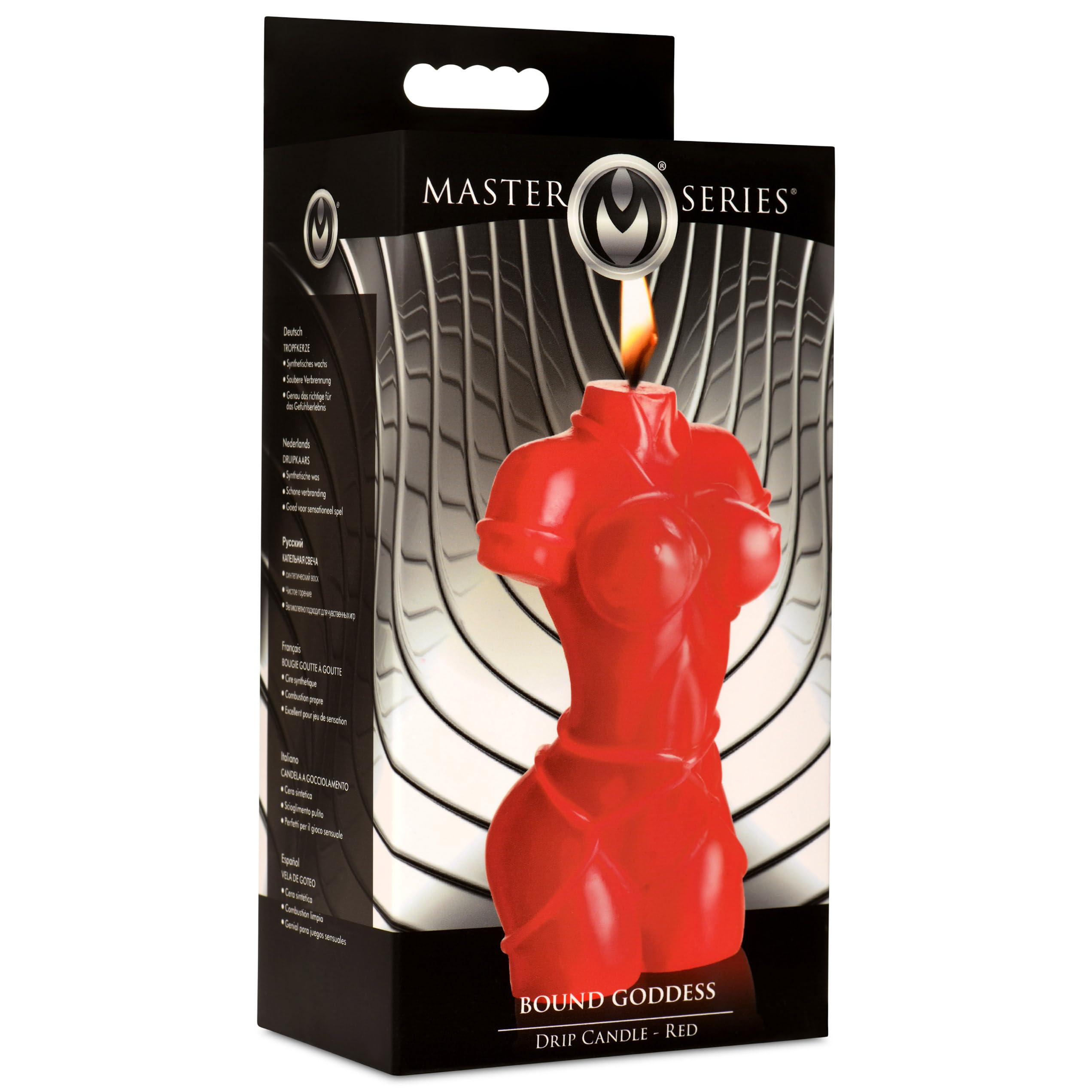 MASTER SERIES Bound Goddess Bougie goutte à goutte pour hommes, femmes et couples. Superbe et belle, superbe décoration, non parfumée. Cire synthétique avec faible point de fusion. 1 pièce, rouge.