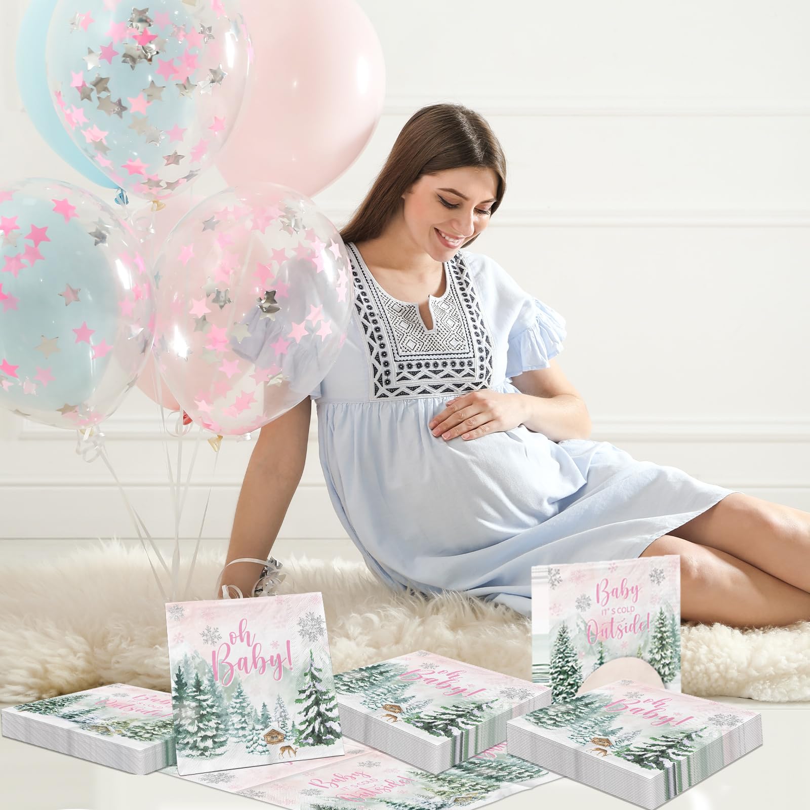 Dydamud Baby Girl Shower Napkins - Winter Woodland Disposable Dinner Napkins for Home Kitchen, Christmas, Birthday Parties