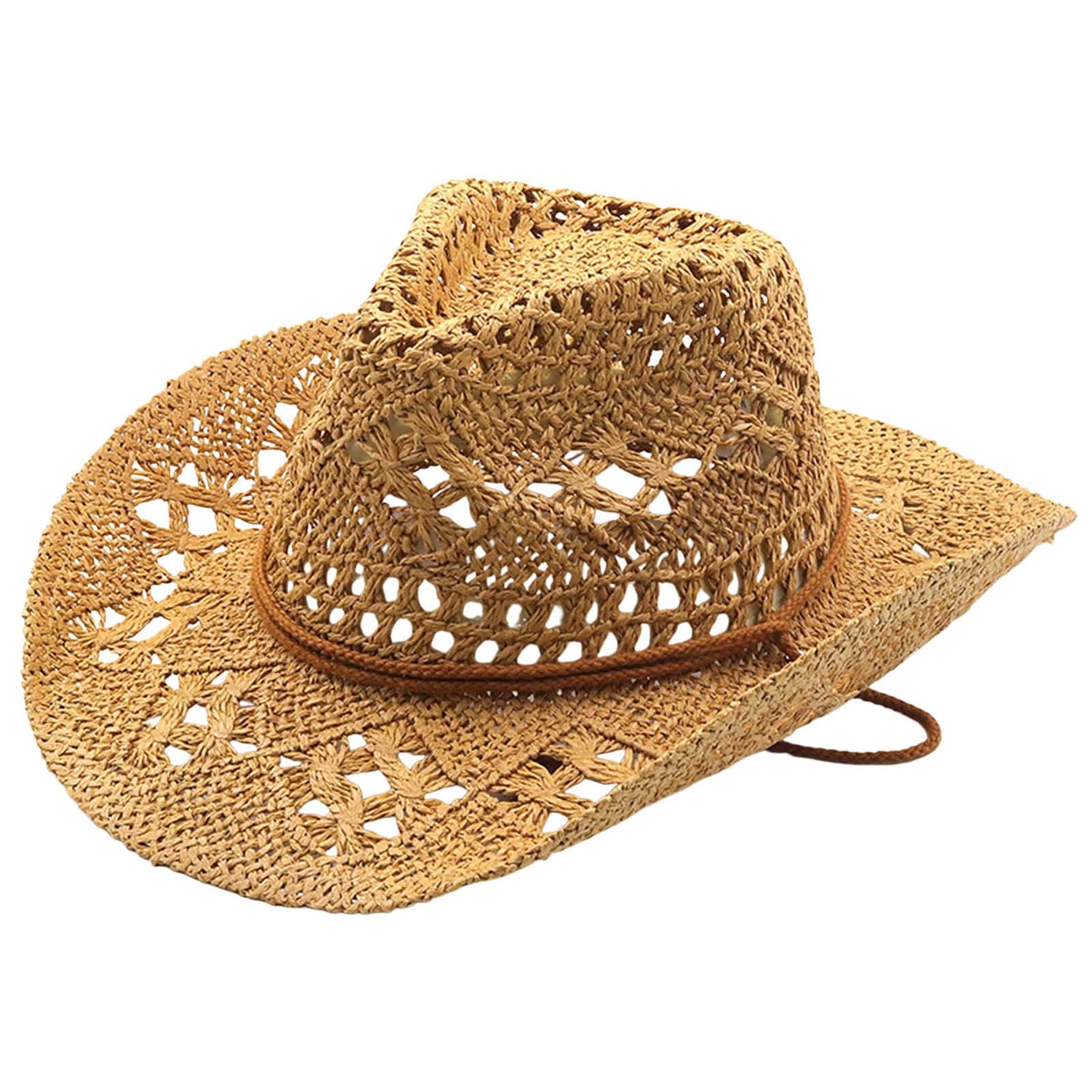 pvucpot Chapeau de Cowboy Western pour Femme et Homme - Été Shapeable Paille Creusé Soleil Casquette pour Voyage Plage Extérieur Pêche
