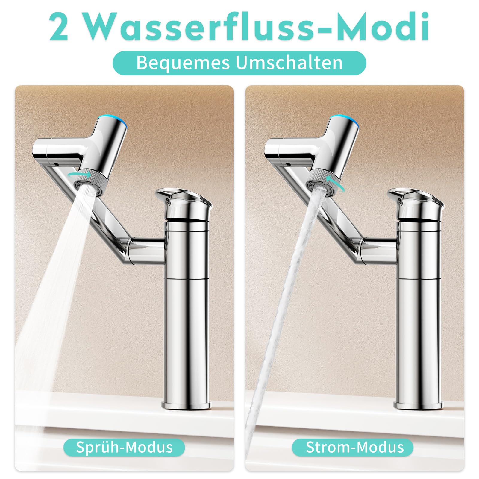 KAIYING Grifo de lavabo giratorio 1080°, grifos de altura ajustable, indicador de temperatura (sin batería), 1 agujero para baño (cromo) | Grifo de lavabo con indicador de temperatura (baterías). Grifería de lavabo regulable en altura. 2 modos de grifo de
