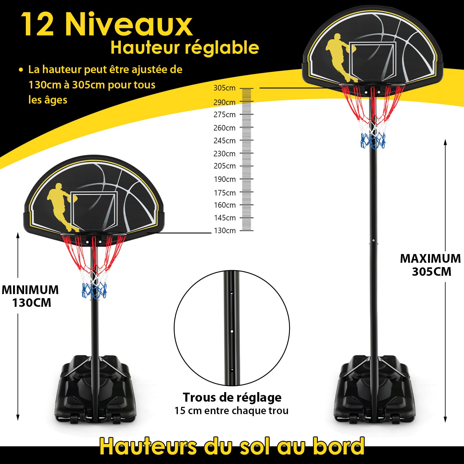 COSTWAY Panier de Basket-Ball sur Pieds Hauteur Réglable 130-305cm, Support de Basket Portable avec Roues et Base Rechargeable Résistant aux Intempéries, pour Intérieure & Extérieure