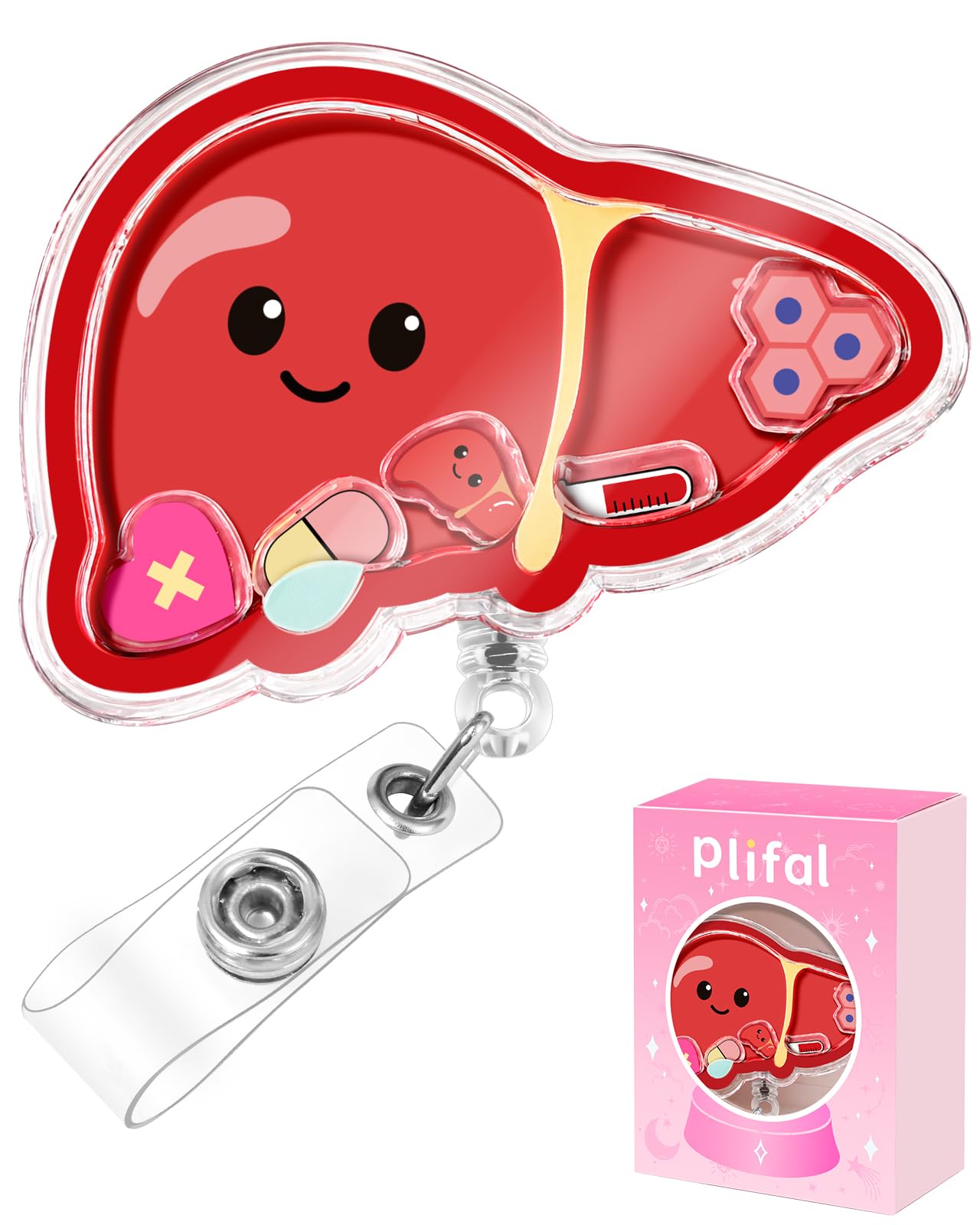Plifal Nurse Shaker Badge Reel – Cute Liver Retractable ID Badge Holder with Alligator Clip Floating Glitter Design, Fun Medical Badge Reel for Nurses Healthcare Workers Women Gifts